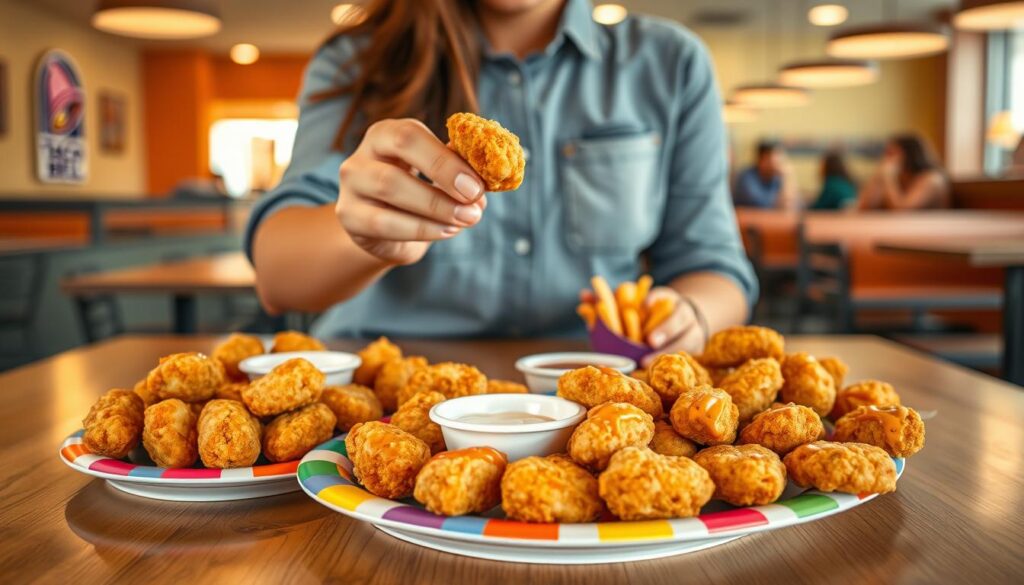 A beautifully arranged Taco Bell chicken taste test scene spread across a wooden table. In the foreground, a variety of chicken nuggets are artistically presented on a colorful plate, showcasing their crispy golden exterior and tender interior. Dipping sauces, such as ranch and buffalo, are placed in small bowls nearby. In the middle ground, a pair of hands, dressed in casual attire, are lifting a nugget towards the camera, highlighting the texture. The background features a cheerful Taco Bell restaurant environment, with soft, warm lighting that creates an inviting atmosphere. The overall mood is casual and engaging, with a focus on the food's appeal, captured in natural daylight to enhance the colors and textures of the chicken nuggets. A beautifully arranged Taco Bell chicken taste test scene spread across a wooden table. In the foreground, a variety of chicken nuggets are artistically presented on a colorful plate, showcasing their crispy golden exterior and tender interior. Dipping sauces, such as ranch and buffalo, are placed in small bowls nearby. In the middle ground, a pair of hands, dressed in casual attire, are lifting a nugget towards the camera, highlighting the texture. The background features a cheerful Taco Bell restaurant environment, with soft, warm lighting that creates an inviting atmosphere. The overall mood is casual and engaging, with a focus on the food's appeal, captured in natural daylight to enhance the colors and textures of the chicken nuggets.
