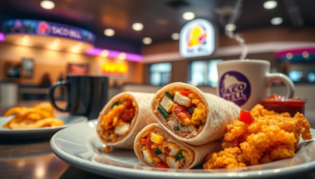 A beautifully arranged breakfast spread from Taco Bell, featuring a variety of items such as a breakfast burrito, hash brown, and a steaming cup of coffee. In the foreground, focus on a stylish plate with the burrito cut in half, revealing its colorful filling. The middle ground showcases the crispy hash brown and a side of salsa in vibrant colors. The background contains a soft-focus image of a bustling Taco Bell restaurant interior, illuminated by warm, inviting lighting. The scene captures a lively morning atmosphere, evoking the excitement of breakfast in a fast-food setting. The angle is slightly overhead, giving a clear view of the food. The overall mood is cheerful and energizing, perfect for highlighting the appeal of Taco Bell's breakfast offerings. A beautifully arranged breakfast spread from Taco Bell, featuring a variety of items such as a breakfast burrito, hash brown, and a steaming cup of coffee. In the foreground, focus on a stylish plate with the burrito cut in half, revealing its colorful filling. The middle ground showcases the crispy hash brown and a side of salsa in vibrant colors. The background contains a soft-focus image of a bustling Taco Bell restaurant interior, illuminated by warm, inviting lighting. The scene captures a lively morning atmosphere, evoking the excitement of breakfast in a fast-food setting. The angle is slightly overhead, giving a clear view of the food. The overall mood is cheerful and energizing, perfect for highlighting the appeal of Taco Bell's breakfast offerings.