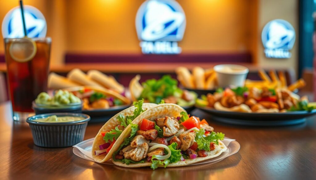 A beautifully arranged table featuring a variety of colorful Taco Bell gluten-free options, including a delectable gluten-free Taco filled with fresh ingredients like lettuce, tomatoes, and grilled chicken. In the foreground, elegantly display a side of guacamole and a refreshing drink. The middle ground showcases a vibrant spread of customized dishes, artistically plated to emphasize freshness and flavor. In the background, a soft-focus Taco Bell logo is subtly visible, contributing to the ambiance without being overt. The lighting is warm and inviting, mimicking a cozy fast-casual dining atmosphere. The overall mood is cheerful and appetizing, appealing to health-conscious diners looking for delicious gluten-free choices. Shot with a close-up lens angle to capture the textures and colors that bring the dishes to life. A beautifully arranged table featuring a variety of colorful Taco Bell gluten-free options, including a delectable gluten-free Taco filled with fresh ingredients like lettuce, tomatoes, and grilled chicken. In the foreground, elegantly display a side of guacamole and a refreshing drink. The middle ground showcases a vibrant spread of customized dishes, artistically plated to emphasize freshness and flavor. In the background, a soft-focus Taco Bell logo is subtly visible, contributing to the ambiance without being overt. The lighting is warm and inviting, mimicking a cozy fast-casual dining atmosphere. The overall mood is cheerful and appetizing, appealing to health-conscious diners looking for delicious gluten-free choices. Shot with a close-up lens angle to capture the textures and colors that bring the dishes to life.