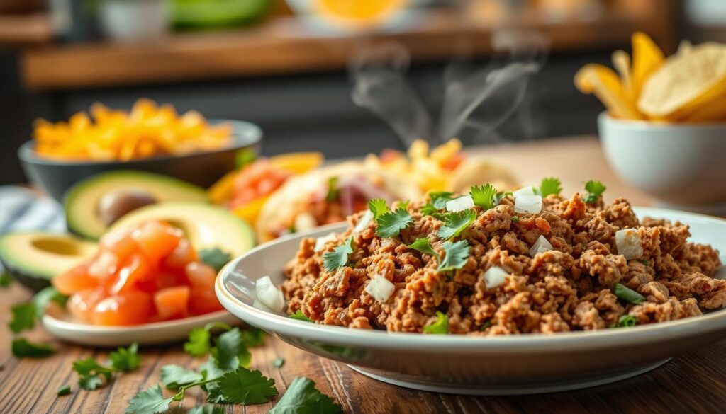 A beautifully styled plate of homemade taco meat sits prominently in the foreground, showcasing its rich, savory texture. The meat is finely crumbled, garnished with fresh cilantro and diced onions, exuding appetizing steam. The middle ground features an array of vibrant toppings—sliced avocado, vibrant red salsa, and finely shredded cheese—artistically arranged. In the background, there's a rustic wooden kitchen table adorned with colorful taco shells, suggesting a cozy, inviting atmosphere. Soft, warm lighting illuminates the scene, creating a homey, inviting feel. The camera angle is slightly overhead, allowing the viewer to appreciate the textures and colors of the ingredients. The mood is warm and inviting, perfectly capturing the essence of preparing delicious taco meat at home. A beautifully styled plate of homemade taco meat sits prominently in the foreground, showcasing its rich, savory texture. The meat is finely crumbled, garnished with fresh cilantro and diced onions, exuding appetizing steam. The middle ground features an array of vibrant toppings—sliced avocado, vibrant red salsa, and finely shredded cheese—artistically arranged. In the background, there's a rustic wooden kitchen table adorned with colorful taco shells, suggesting a cozy, inviting atmosphere. Soft, warm lighting illuminates the scene, creating a homey, inviting feel. The camera angle is slightly overhead, allowing the viewer to appreciate the textures and colors of the ingredients. The mood is warm and inviting, perfectly capturing the essence of preparing delicious taco meat at home.