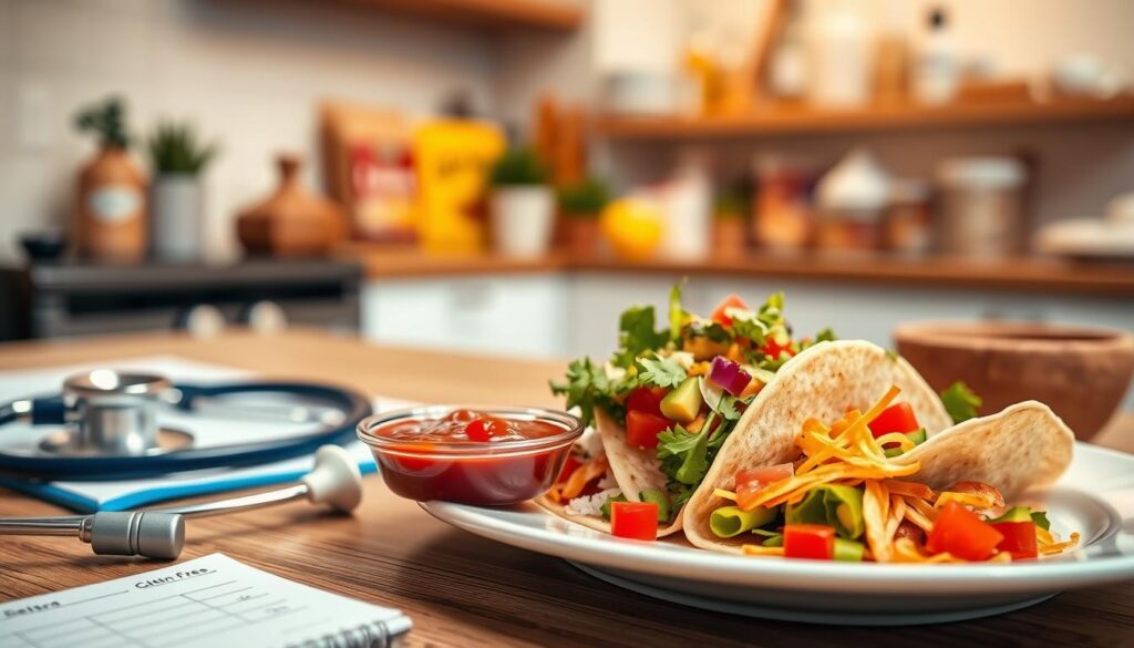 A close-up view of a plate featuring gluten-free Mexican food, including a colorful taco filled with fresh ingredients like lettuce, tomato, and avocado, along with a small bowl of salsa on the side. In the foreground, a stethoscope and a doctor's notepad hint at medical expertise, symbolizing celiac disease awareness. In the middle, a soft-focus kitchen environment offers a welcoming and homey atmosphere, with warm lighting to evoke a sense of comfort and safety. The background displays a simple kitchen shelf with gluten-free products, creating an informative context without overwhelming details. The overall mood is warm, inviting, and educational, suitable for those seeking gluten-free options while understanding celiac disease. A close-up view of a plate featuring gluten-free Mexican food, including a colorful taco filled with fresh ingredients like lettuce, tomato, and avocado, along with a small bowl of salsa on the side. In the foreground, a stethoscope and a doctor's notepad hint at medical expertise, symbolizing celiac disease awareness. In the middle, a soft-focus kitchen environment offers a welcoming and homey atmosphere, with warm lighting to evoke a sense of comfort and safety. The background displays a simple kitchen shelf with gluten-free products, creating an informative context without overwhelming details. The overall mood is warm, inviting, and educational, suitable for those seeking gluten-free options while understanding celiac disease.