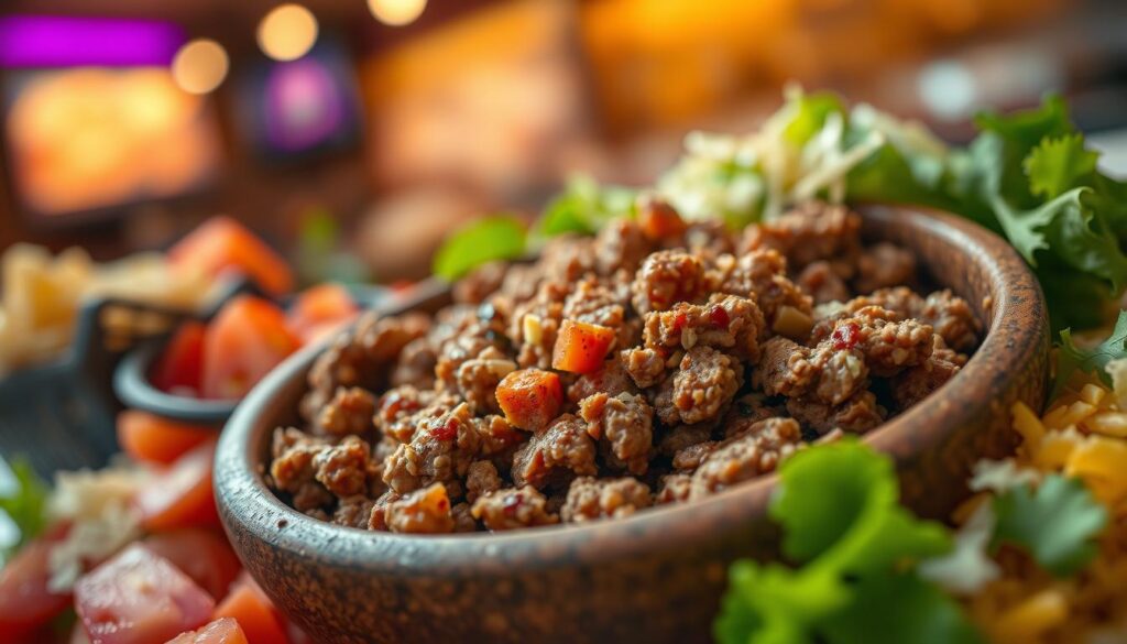 A close-up view of a serving of Taco Bell meat, presented in a rustic bowl with a focus on the texture and appearance of the seasoned ground beef. The meat is richly colored, with visible spices and seasonings enhancing its appeal. Surrounding the bowl are fresh ingredients like chopped tomatoes, shredded lettuce, and grated cheese, adding vibrant colors that contrast with the warm tones of the meat. The background features a softly blurred fast-food restaurant setting, with warm, inviting lighting casting a golden hue over the scene. The angle is slightly overhead, creating an engaging composition that draws the viewer's eye to the details of the meat and accompaniments, conveying an atmosphere of fast-food comfort and familiarity. A close-up view of a serving of Taco Bell meat, presented in a rustic bowl with a focus on the texture and appearance of the seasoned ground beef. The meat is richly colored, with visible spices and seasonings enhancing its appeal. Surrounding the bowl are fresh ingredients like chopped tomatoes, shredded lettuce, and grated cheese, adding vibrant colors that contrast with the warm tones of the meat. The background features a softly blurred fast-food restaurant setting, with warm, inviting lighting casting a golden hue over the scene. The angle is slightly overhead, creating an engaging composition that draws the viewer's eye to the details of the meat and accompaniments, conveying an atmosphere of fast-food comfort and familiarity.
