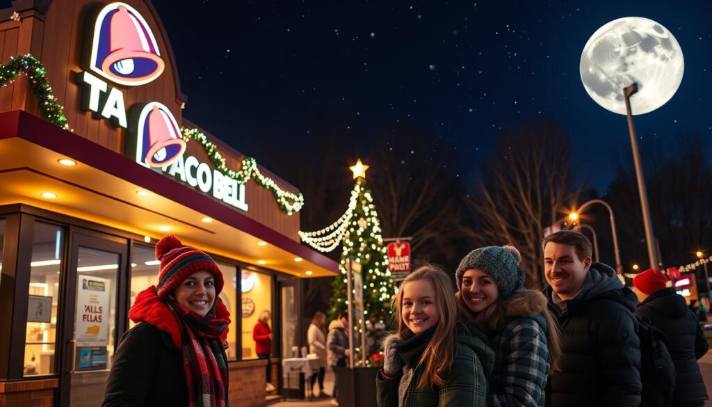 A cozy Christmas Eve scene outside a brightly lit Taco Bell restaurant, with colorful string lights adorning the building. In the foreground, a cheerful family of four, dressed in warmly layered winter clothing, stands in line, their faces illuminated by the soft glow of the restaurant's signage. In the middle ground, a festive display of holiday decorations and a few snowflakes gently falling. In the background, a starry night sky with a large full moon casts a serene ambiance over the scene. The atmosphere is lively yet tranquil, capturing the excitement of the holiday season while evoking the idea of finding the best times to enjoy a meal without long waits. Use warm lighting to enhance the inviting feel of the scene. A cozy Christmas Eve scene outside a brightly lit Taco Bell restaurant, with colorful string lights adorning the building. In the foreground, a cheerful family of four, dressed in warmly layered winter clothing, stands in line, their faces illuminated by the soft glow of the restaurant's signage. In the middle ground, a festive display of holiday decorations and a few snowflakes gently falling. In the background, a starry night sky with a large full moon casts a serene ambiance over the scene. The atmosphere is lively yet tranquil, capturing the excitement of the holiday season while evoking the idea of finding the best times to enjoy a meal without long waits. Use warm lighting to enhance the inviting feel of the scene.