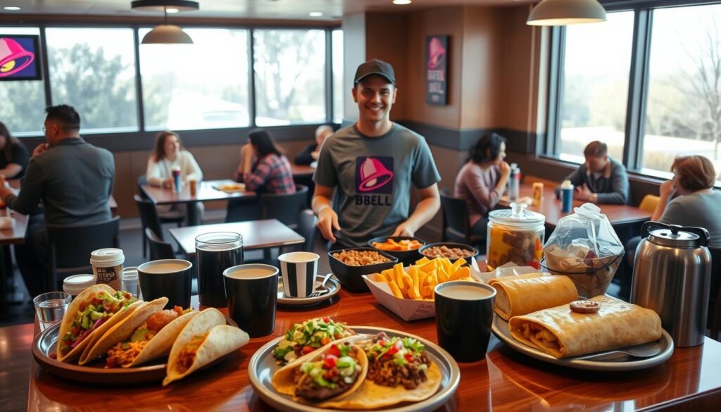 A cozy Taco Bell restaurant interior during morning hours, with soft, natural morning light flooding through large windows. In the foreground, there are neatly arranged breakfast items on a shiny wooden table, including a variety of tacos, burritos, and coffee, all looking enticing. In the middle, a friendly staff member in casual Taco Bell attire serves customers with a smile, showcasing a welcoming atmosphere. In the background, cheerful patrons enjoy their breakfast at tables, chatting relaxedly. The scene should capture the essence of a bustling yet calm breakfast rush, conveying a sense of community and satisfaction. The angle is slightly elevated, providing a clear view of the breakfast spread while keeping the human interactions in focus, maintaining a warm and inviting mood. A cozy Taco Bell restaurant interior during morning hours, with soft, natural morning light flooding through large windows. In the foreground, there are neatly arranged breakfast items on a shiny wooden table, including a variety of tacos, burritos, and coffee, all looking enticing. In the middle, a friendly staff member in casual Taco Bell attire serves customers with a smile, showcasing a welcoming atmosphere. In the background, cheerful patrons enjoy their breakfast at tables, chatting relaxedly. The scene should capture the essence of a bustling yet calm breakfast rush, conveying a sense of community and satisfaction. The angle is slightly elevated, providing a clear view of the breakfast spread while keeping the human interactions in focus, maintaining a warm and inviting mood.