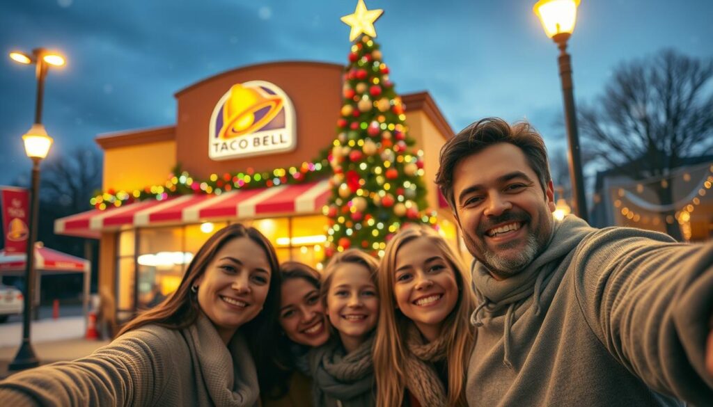 A cozy, festive Christmas Eve scene featuring a softly lit Taco Bell restaurant adorned with holiday decorations. In the foreground, there's a cheerful family in modest casual clothing, smiling as they take a selfie together in front of the restaurant. In the middle, the colorful twinkling lights and a large Christmas tree with ornaments create a warm, inviting atmosphere. The background showcases gently falling snowflakes against a twilight sky, enhancing the cheerful mood. The scene is illuminated by the glow of street lamps and the warm yellow light emanating from the restaurant, creating a friendly and welcoming ambiance. Capture the sense of togetherness, celebration, and seasonal joy characteristic of Christmas Eve. A cozy, festive Christmas Eve scene featuring a softly lit Taco Bell restaurant adorned with holiday decorations. In the foreground, there's a cheerful family in modest casual clothing, smiling as they take a selfie together in front of the restaurant. In the middle, the colorful twinkling lights and a large Christmas tree with ornaments create a warm, inviting atmosphere. The background showcases gently falling snowflakes against a twilight sky, enhancing the cheerful mood. The scene is illuminated by the glow of street lamps and the warm yellow light emanating from the restaurant, creating a friendly and welcoming ambiance. Capture the sense of togetherness, celebration, and seasonal joy characteristic of Christmas Eve.