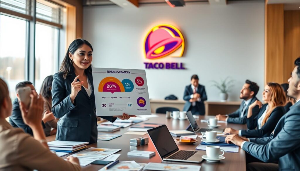A modern boardroom setting featuring a diverse group of professionals in business attire engaged in a strategic discussion on brand strategy. In the foreground, a confident Asian female marketing executive presents a colorful infographic that highlights Taco Bell's unique selling points, such as affordability and quality. The middle layer shows a large table cluttered with marketing materials, laptops, and coffee cups, indicating an active brainstorming session. The background is illuminated by soft, warm lighting from large windows, casting a glow on a vibrant Taco Bell logo displayed prominently on a wall. The atmosphere is one of focus, collaboration, and strategic planning, reflecting the competitive nature of market positioning in the fast-food industry. A modern boardroom setting featuring a diverse group of professionals in business attire engaged in a strategic discussion on brand strategy. In the foreground, a confident Asian female marketing executive presents a colorful infographic that highlights Taco Bell's unique selling points, such as affordability and quality. The middle layer shows a large table cluttered with marketing materials, laptops, and coffee cups, indicating an active brainstorming session. The background is illuminated by soft, warm lighting from large windows, casting a glow on a vibrant Taco Bell logo displayed prominently on a wall. The atmosphere is one of focus, collaboration, and strategic planning, reflecting the competitive nature of market positioning in the fast-food industry.