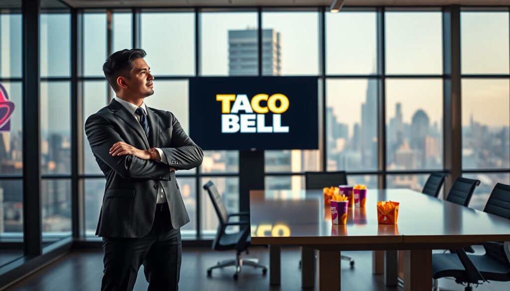 A modern corporate office setting, showcasing a confident business person in professional attire standing in a commanding "Taco Bell stance," arms crossed and looking thoughtfully at a large screen displaying colorful Taco Bell branding. The foreground features the individual, portraying a sense of determination and pride. In the middle ground, the sleek desk with Taco Bell products subtly placed, emphasizing the brand's identity. The background includes glass windows revealing a bustling cityscape, symbolizing Taco Bell's reach and influence. Soft, natural lighting filters through the windows, creating a warm atmosphere, while a shallow depth of field focuses on the figure, enhancing the professional mood.