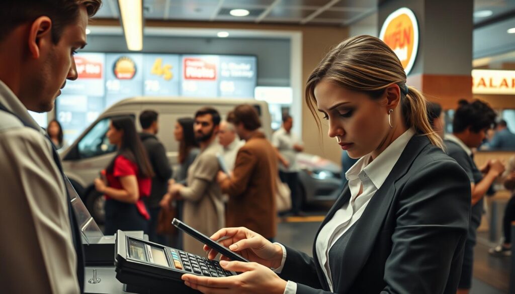 A thoughtful representation of inflation depicted through a bustling fast-food restaurant scene. In the foreground, focus on a cashier with a calculator, appearing concerned as they tally prices on a digital display, dressed in professional business attire. In the middle ground, a diverse group of customers stands in line, looking at a menu with noticeably rising prices. In the background, a delivery truck can be seen parked, symbolizing delivery costs, with a subtle aura of stress around it. The lighting is warm yet slightly dramatic, casting shadows that emphasize the tension surrounding the increasing costs. The atmosphere should feel slightly chaotic, reflecting the economic pressures of inflation. The image is captured with a lens that provides a slight depth of field, drawing attention to the critical elements. A thoughtful representation of inflation depicted through a bustling fast-food restaurant scene. In the foreground, focus on a cashier with a calculator, appearing concerned as they tally prices on a digital display, dressed in professional business attire. In the middle ground, a diverse group of customers stands in line, looking at a menu with noticeably rising prices. In the background, a delivery truck can be seen parked, symbolizing delivery costs, with a subtle aura of stress around it. The lighting is warm yet slightly dramatic, casting shadows that emphasize the tension surrounding the increasing costs. The atmosphere should feel slightly chaotic, reflecting the economic pressures of inflation. The image is captured with a lens that provides a slight depth of field, drawing attention to the critical elements.