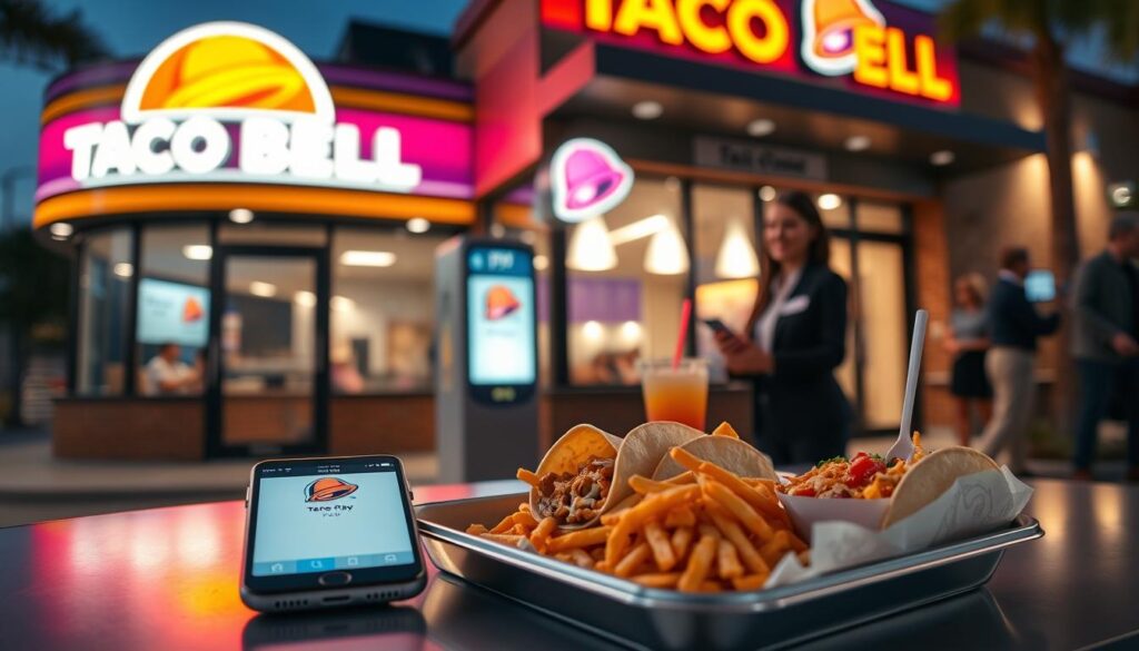 A vibrant Taco Bell storefront at dusk, featuring bright, colorful signage illuminated by neon lights. In the foreground, a smartphone displaying the Apple Pay interface, resting on a Taco Bell tray filled with tacos, nachos, and a refreshing drink. The middle ground features a modern ordering kiosk with a welcoming employee in professional business attire, smiling and assisting a customer. The background shows the bustling exterior of the restaurant, with a few patrons entering and leaving, creating a lively atmosphere. Soft, warm lighting enhances the inviting feel of the scene, while a shallow depth of field focuses attention on the phone and the delicious food, conveying a sense of convenience and modern dining experience. A vibrant Taco Bell storefront at dusk, featuring bright, colorful signage illuminated by neon lights. In the foreground, a smartphone displaying the Apple Pay interface, resting on a Taco Bell tray filled with tacos, nachos, and a refreshing drink. The middle ground features a modern ordering kiosk with a welcoming employee in professional business attire, smiling and assisting a customer. The background shows the bustling exterior of the restaurant, with a few patrons entering and leaving, creating a lively atmosphere. Soft, warm lighting enhances the inviting feel of the scene, while a shallow depth of field focuses attention on the phone and the delicious food, conveying a sense of convenience and modern dining experience.