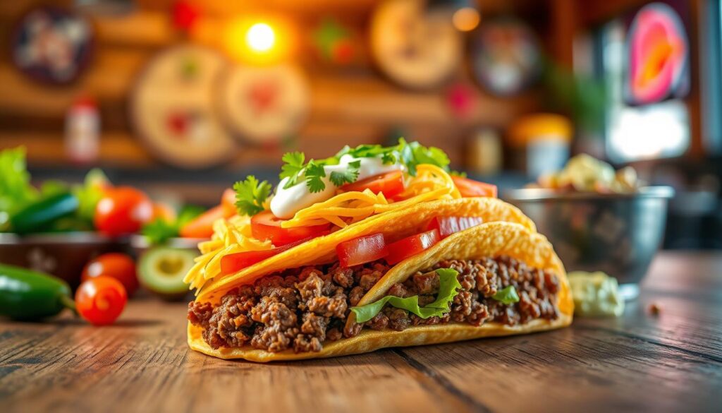 A vibrant and appetizing close-up image of a Taco Bell tacostada, showcasing its layers of crispy taco shell, seasoned ground beef, fresh lettuce, ripe tomatoes, shredded cheese, and a drizzle of sour cream. The tacostada is centered prominently in the foreground, detailed with textures that convey freshness and flavor. In the middle ground, a colorful assortment of additional taco ingredients such as jalapeños and guacamole can be seen, evoking the appeal of Mexican flavors. The background is softly blurred, featuring a rustic wooden table and hints of a casual, vibrant Taco Bell restaurant setting, with warm, inviting lighting that highlights the food. Capture a playful, yet appetizing mood to reflect the culinary fusion of Taco Bell in Mexico. A vibrant and appetizing close-up image of a Taco Bell tacostada, showcasing its layers of crispy taco shell, seasoned ground beef, fresh lettuce, ripe tomatoes, shredded cheese, and a drizzle of sour cream. The tacostada is centered prominently in the foreground, detailed with textures that convey freshness and flavor. In the middle ground, a colorful assortment of additional taco ingredients such as jalapeños and guacamole can be seen, evoking the appeal of Mexican flavors. The background is softly blurred, featuring a rustic wooden table and hints of a casual, vibrant Taco Bell restaurant setting, with warm, inviting lighting that highlights the food. Capture a playful, yet appetizing mood to reflect the culinary fusion of Taco Bell in Mexico.