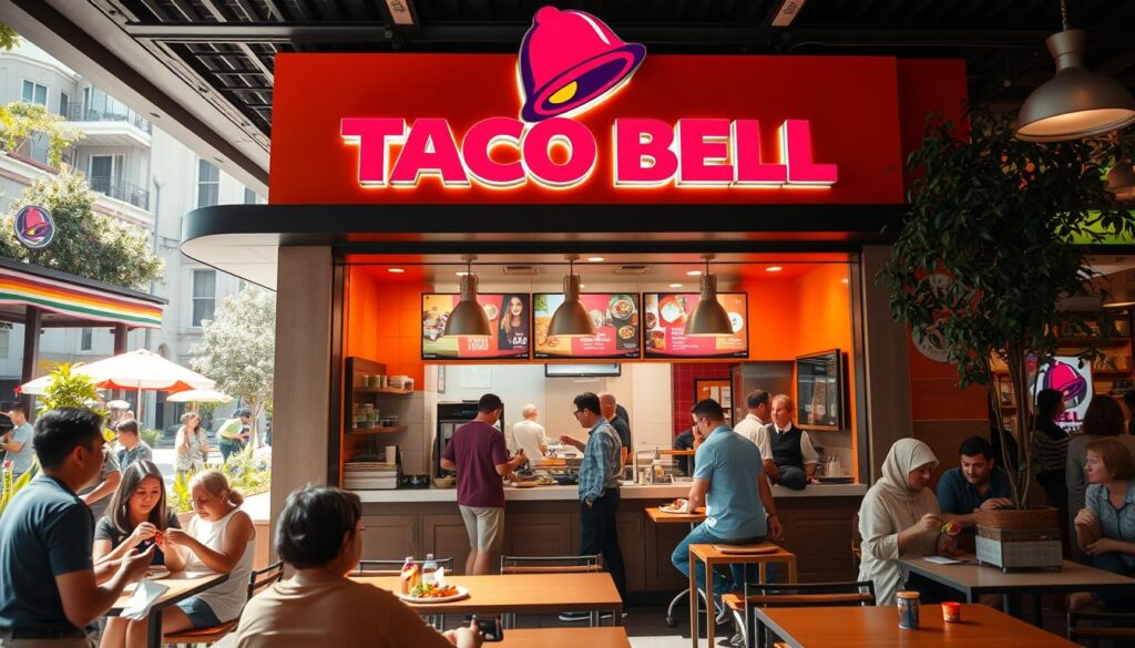 A vibrant, bustling Taco Bell restaurant in the foreground, showcasing its unique architecture with bold colors and signature signage. Inside, customers enjoying their meals, dressed in casual yet modest attire, creating a lively atmosphere. In the middle ground, visible staff members efficiently preparing food behind the counter, demonstrating the fast-paced environment. The background features a sunny outdoor patio area where people are seated, surrounded by greenery and urban elements. Soft, warm lighting enhances the inviting feel of the scene. The composition is viewed from a slightly elevated angle, providing a comprehensive view of the restaurant's activities while maintaining focus on its brand essence. Overall, the mood is energetic, friendly, and communal, illustrating the everyday operations of Taco Bell.