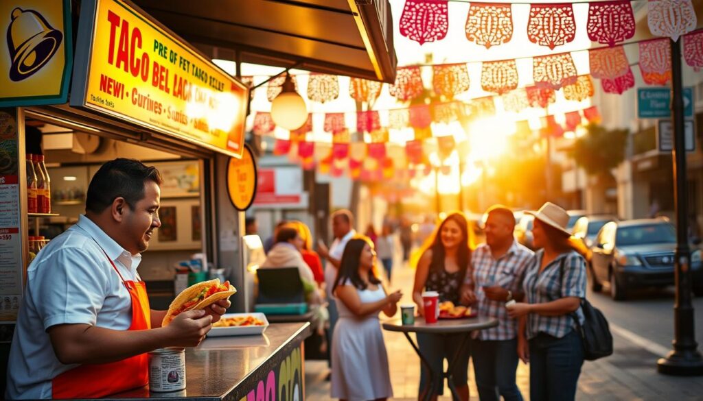 A vibrant taco stand at sunset, showcasing a colorful menu featuring Taco Bell items alongside traditional Mexican dishes. In the foreground, a friendly vendor in a crisp white shirt and apron stands behind the counter, serving a taco with fresh ingredients. In the middle ground, a family of diverse individuals gathers around a small table, enjoying their meals and sharing laughter, all dressed in modest casual clothing. The background reveals a bustling street with festive papel picado banners fluttering in the warm breeze, and soft golden light bathes the scene, creating a welcoming and cheerful atmosphere. The focus is on the intersections of cultures, highlighting the enjoyment of food without losing sight of authenticity. A vibrant taco stand at sunset, showcasing a colorful menu featuring Taco Bell items alongside traditional Mexican dishes. In the foreground, a friendly vendor in a crisp white shirt and apron stands behind the counter, serving a taco with fresh ingredients. In the middle ground, a family of diverse individuals gathers around a small table, enjoying their meals and sharing laughter, all dressed in modest casual clothing. The background reveals a bustling street with festive papel picado banners fluttering in the warm breeze, and soft golden light bathes the scene, creating a welcoming and cheerful atmosphere. The focus is on the intersections of cultures, highlighting the enjoyment of food without losing sight of authenticity.