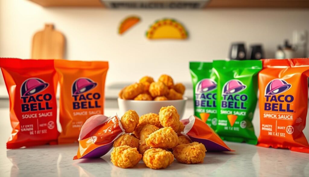 A vivid arrangement of Taco Bell sauce packets in vibrant colors, with a focus on the iconic orange and green packaging, set against a minimalist kitchen countertop. In the foreground, several packets are partially opened, showcasing the rich, glistening sauce inside, reflecting light to emphasize texture. In the middle ground, a small bowl filled with fresh chicken nuggets offers a stark contrast between the crispy golden exterior and the vivid sauces. The background is softly blurred, featuring taco-themed decor elements to hint at the fast-food chain's signature style. The lighting is warm and inviting, creating an appetizing atmosphere. A slight overhead angle captures the entire scene, emphasizing the relationship between the sauces and nuggets, inviting viewers to taste and enjoy the flavors.