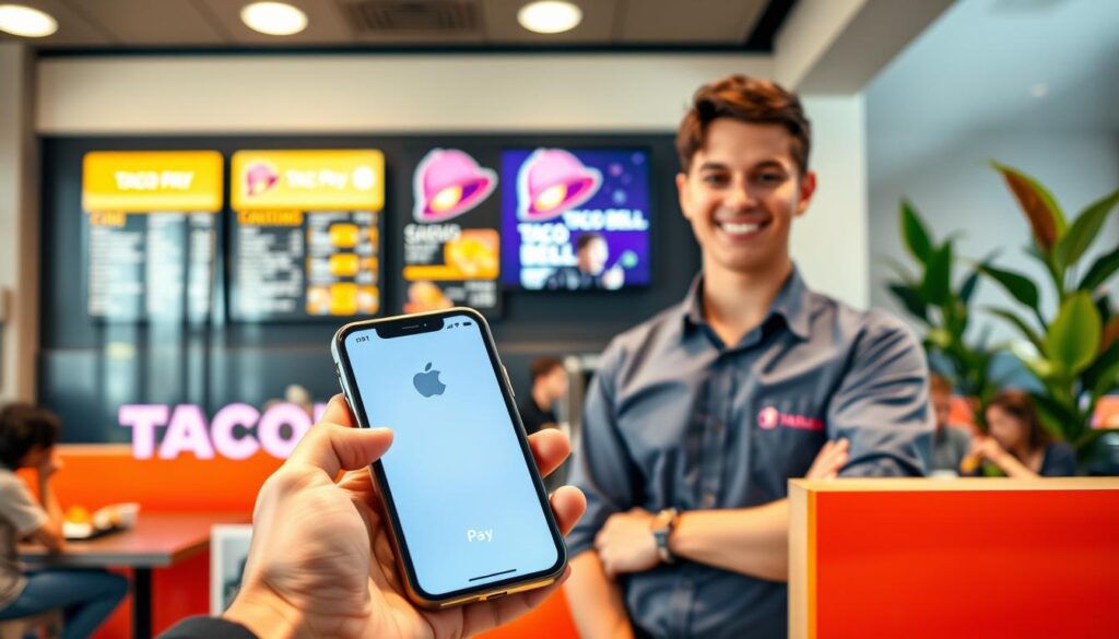 A young adult in business casual attire stands at the counter of a modern Taco Bell restaurant, holding an iPhone displaying the Apple Pay app. The foreground shows the phone clearly, with the Taco Bell menu board visible behind the cashier, who smiles warmly, dressed in a Taco Bell uniform. In the middle ground, brightly colored Taco Bell branding enhances the lively atmosphere, with soft, natural lighting marking the scene. The background features customers enjoying their meals in a cozy, inviting environment, with green plants adding a touch of freshness. The overall mood is upbeat and casual, emphasizing convenience and modern technology in a fast-food setting, showcasing the easy integration of Apple Pay into the checkout process. A young adult in business casual attire stands at the counter of a modern Taco Bell restaurant, holding an iPhone displaying the Apple Pay app. The foreground shows the phone clearly, with the Taco Bell menu board visible behind the cashier, who smiles warmly, dressed in a Taco Bell uniform. In the middle ground, brightly colored Taco Bell branding enhances the lively atmosphere, with soft, natural lighting marking the scene. The background features customers enjoying their meals in a cozy, inviting environment, with green plants adding a touch of freshness. The overall mood is upbeat and casual, emphasizing convenience and modern technology in a fast-food setting, showcasing the easy integration of Apple Pay into the checkout process.