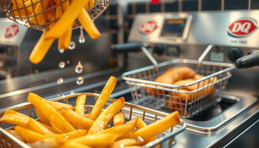 A Dairy Queen fryer station, vividly illustrating the concept of cross-contamination. In the foreground, a basket of golden, crispy fries is being lowered into hot oil, with droplets and steam visible. In the middle, another basket containing battered fish is nearby, highlighting the potential for gluten cross-contact. The backgrounds show fryers, clean yet bustling, with faint reflections on the stainless steel surfaces. The lighting is warm and inviting, reflecting a typical fast-food environment, with a soft focus on the fryer area that draws attention to the fries. The atmosphere conveys a sense of caution, emphasizing food safety and awareness, suitable for an informative article on dietary restrictions. A Dairy Queen fryer station, vividly illustrating the concept of cross-contamination. In the foreground, a basket of golden, crispy fries is being lowered into hot oil, with droplets and steam visible. In the middle, another basket containing battered fish is nearby, highlighting the potential for gluten cross-contact. The backgrounds show fryers, clean yet bustling, with faint reflections on the stainless steel surfaces. The lighting is warm and inviting, reflecting a typical fast-food environment, with a soft focus on the fryer area that draws attention to the fries. The atmosphere conveys a sense of caution, emphasizing food safety and awareness, suitable for an informative article on dietary restrictions.