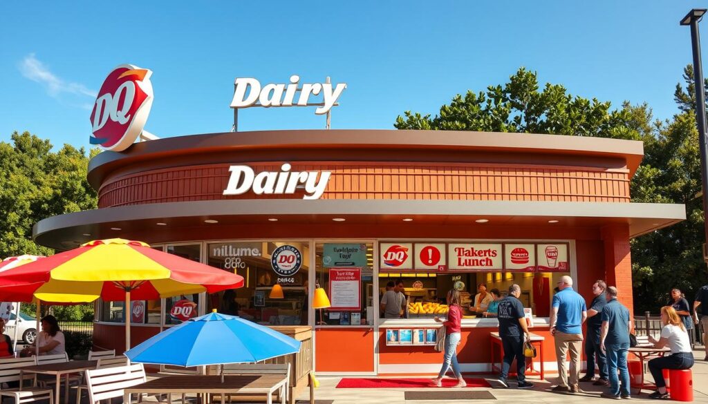A Dairy Queen restaurant during lunch hours, featuring a welcoming exterior with bright, iconic signage. In the foreground, an inviting outdoor seating area with colorful umbrellas and patrons enjoying their meals, dressed in casual, modest attire. The middle layer showcases a bustling service counter with friendly staff serving delicious food, including burgers, fries, and soft-serve ice cream, under warm, inviting lighting. The background displays lush greenery and clear blue skies, symbolizing a relaxed atmosphere. The scene is captured from a slight angle to emphasize the inviting entrance and vibrancy of the lunch rush, conveying a cheerful, lively mood that reflects the essence of lunchtime at Dairy Queen.