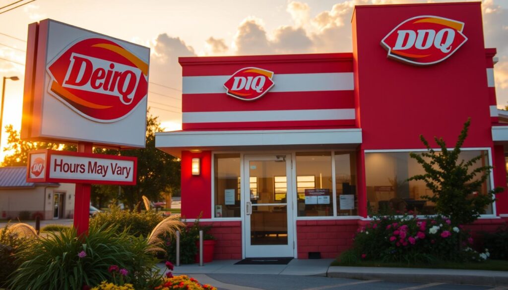A Dairy Queen restaurant facade during the golden hour, showcasing its iconic red and white colors. In the foreground, a classic Dairy Queen sign is slightly illuminated, with "Hours May Vary" subtly incorporated into its design. The middle ground features a welcoming entrance, with the doors partly open to suggest accessibility. Lush greenery and summer flowers surround the building, emphasizing a warm, inviting atmosphere. In the background, the sun sets behind soft clouds, casting a warm glow that highlights the vibrant colors. The image has a slight soft focus to create a dreamy ambiance, capturing the essence of summer while illustrating that the hours of business can differ from location to location.