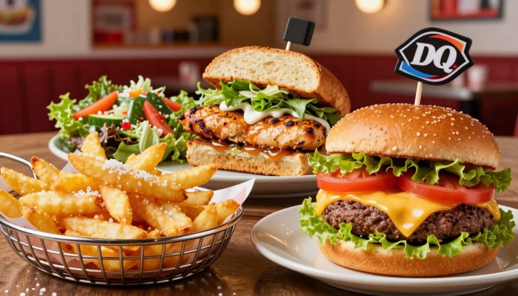 A beautifully arranged Dairy Queen food spread featuring a variety of items from their nutrition menu. In the foreground, a juicy cheeseburger with fresh lettuce, thick tomato slices, and melted cheese glistening under soft lighting. Beside it, golden, crispy fries sprinkled with sea salt in a charming basket. In the middle, a tender grilled chicken sandwich adorned with crisp greens and a dollop of sauce, alongside a colorful garden salad with vibrant vegetables. The background showcases a soft-focus diner setting, with a cozy ambiance and warm lighting that creates an inviting atmosphere. The overall mood is cheerful and appetizing, inviting the viewer to indulge in the tasty offerings. Shot at eye level with a slight overhead angle to capture the details of each dish. A beautifully arranged Dairy Queen food spread featuring a variety of items from their nutrition menu. In the foreground, a juicy cheeseburger with fresh lettuce, thick tomato slices, and melted cheese glistening under soft lighting. Beside it, golden, crispy fries sprinkled with sea salt in a charming basket. In the middle, a tender grilled chicken sandwich adorned with crisp greens and a dollop of sauce, alongside a colorful garden salad with vibrant vegetables. The background showcases a soft-focus diner setting, with a cozy ambiance and warm lighting that creates an inviting atmosphere. The overall mood is cheerful and appetizing, inviting the viewer to indulge in the tasty offerings. Shot at eye level with a slight overhead angle to capture the details of each dish.