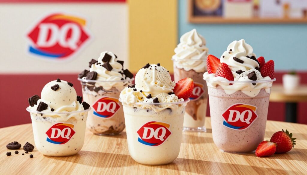 A beautifully arranged collection of Dairy Queen Blizzard® Treats displayed on a wooden table. In the foreground, feature three different Blizzard sizes: a small, medium, and large cup, each overflowing with creamy ice cream and vibrant mix-ins like Oreo chunks, cookie dough, and strawberries. In the middle ground, highlight the contrasting textures of the desserts, showcasing their rich, velvety appearance. Soft, natural lighting illuminates the scene, creating a cozy, inviting atmosphere. The background features a blurred Dairy Queen logo and a bright, cheerful restaurant setting with warm colors, enhancing the nostalgic feel of enjoying ice cream on a blustery day. The overall mood is indulgent yet informative, perfect for illustrating Blizzard nutrition content. A beautifully arranged collection of Dairy Queen Blizzard® Treats displayed on a wooden table. In the foreground, feature three different Blizzard sizes: a small, medium, and large cup, each overflowing with creamy ice cream and vibrant mix-ins like Oreo chunks, cookie dough, and strawberries. In the middle ground, highlight the contrasting textures of the desserts, showcasing their rich, velvety appearance. Soft, natural lighting illuminates the scene, creating a cozy, inviting atmosphere. The background features a blurred Dairy Queen logo and a bright, cheerful restaurant setting with warm colors, enhancing the nostalgic feel of enjoying ice cream on a blustery day. The overall mood is indulgent yet informative, perfect for illustrating Blizzard nutrition content.