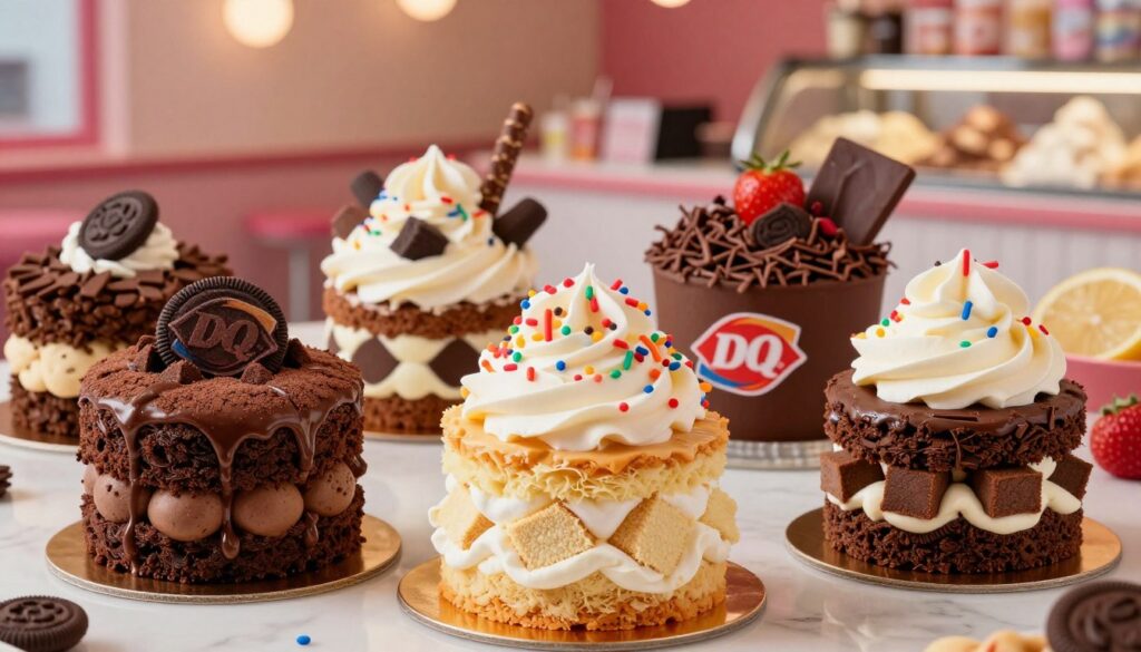 A beautifully arranged display of Dairy Queen Blizzard cakes, showcasing a variety of flavors like chocolate brownie, cookie dough, and fudge delight. The foreground features three distinct cakes, each layered with whipped cream, colorful sprinkles, and chunks of Blizzard treats, with vibrant textures and glossy appetizing finishes. The middle ground includes a decorative platter adorned with chocolate shavings and fresh ingredients representative of the flavors, giving a mouth-watering effect. In the background, a soft-focus, inviting ice cream parlor setting with warm, ambient lighting creates a cozy atmosphere. The angle is slightly elevated to capture the cakes’ details while adding depth, evoking a sense of indulgence and joy, perfect for dessert lovers. A beautifully arranged display of Dairy Queen Blizzard cakes, showcasing a variety of flavors like chocolate brownie, cookie dough, and fudge delight. The foreground features three distinct cakes, each layered with whipped cream, colorful sprinkles, and chunks of Blizzard treats, with vibrant textures and glossy appetizing finishes. The middle ground includes a decorative platter adorned with chocolate shavings and fresh ingredients representative of the flavors, giving a mouth-watering effect. In the background, a soft-focus, inviting ice cream parlor setting with warm, ambient lighting creates a cozy atmosphere. The angle is slightly elevated to capture the cakes’ details while adding depth, evoking a sense of indulgence and joy, perfect for dessert lovers.