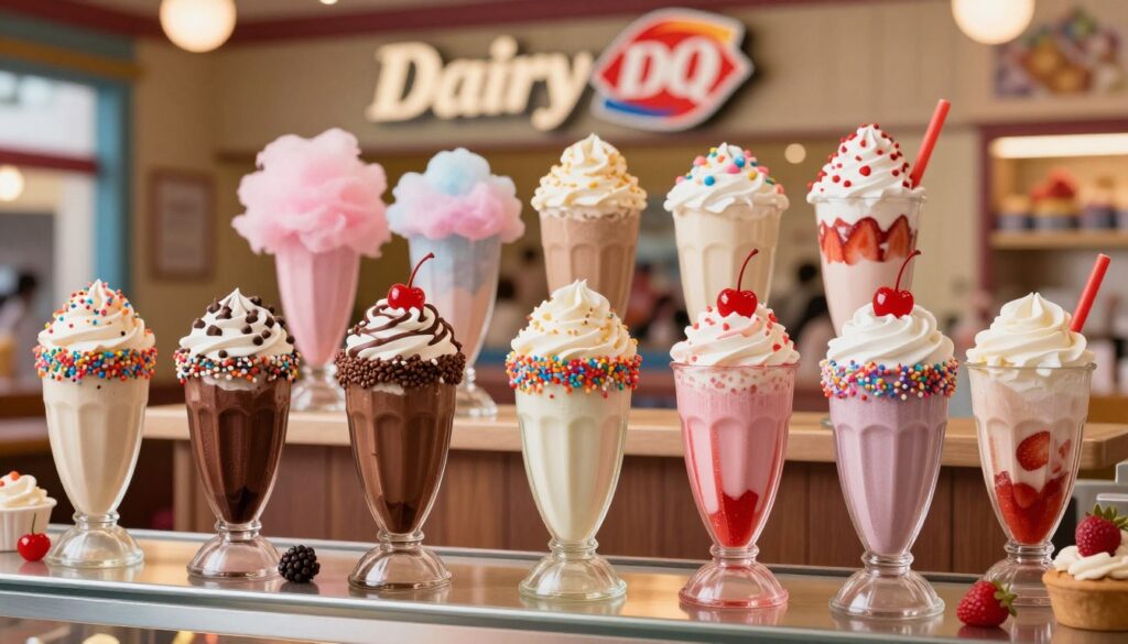 A beautifully arranged display of colorful secret shakes inspired by fair treats and bakery desserts, foreground featuring rich, creamy shakes in whimsical tall glasses adorned with sprinkles, whipped cream, and cherry toppings. The middle layer showcases a variety of flavor options, such as chocolate fudge, cotton candy, and strawberry shortcake, with realistic textures that evoke a nostalgic fair atmosphere. In the background, a softly blurred Dairy Queen storefront provides a cozy, inviting vibe, illuminated by warm, golden lighting that emphasizes the indulgent nature of the shakes. Shot from a slightly elevated angle to capture all elements and enhance the visual appeal, the overall mood is playful and enticing, ideal for showcasing these delightful secret menu items without any text or branding distractions. A beautifully arranged display of colorful secret shakes inspired by fair treats and bakery desserts, foreground featuring rich, creamy shakes in whimsical tall glasses adorned with sprinkles, whipped cream, and cherry toppings. The middle layer showcases a variety of flavor options, such as chocolate fudge, cotton candy, and strawberry shortcake, with realistic textures that evoke a nostalgic fair atmosphere. In the background, a softly blurred Dairy Queen storefront provides a cozy, inviting vibe, illuminated by warm, golden lighting that emphasizes the indulgent nature of the shakes. Shot from a slightly elevated angle to capture all elements and enhance the visual appeal, the overall mood is playful and enticing, ideal for showcasing these delightful secret menu items without any text or branding distractions.