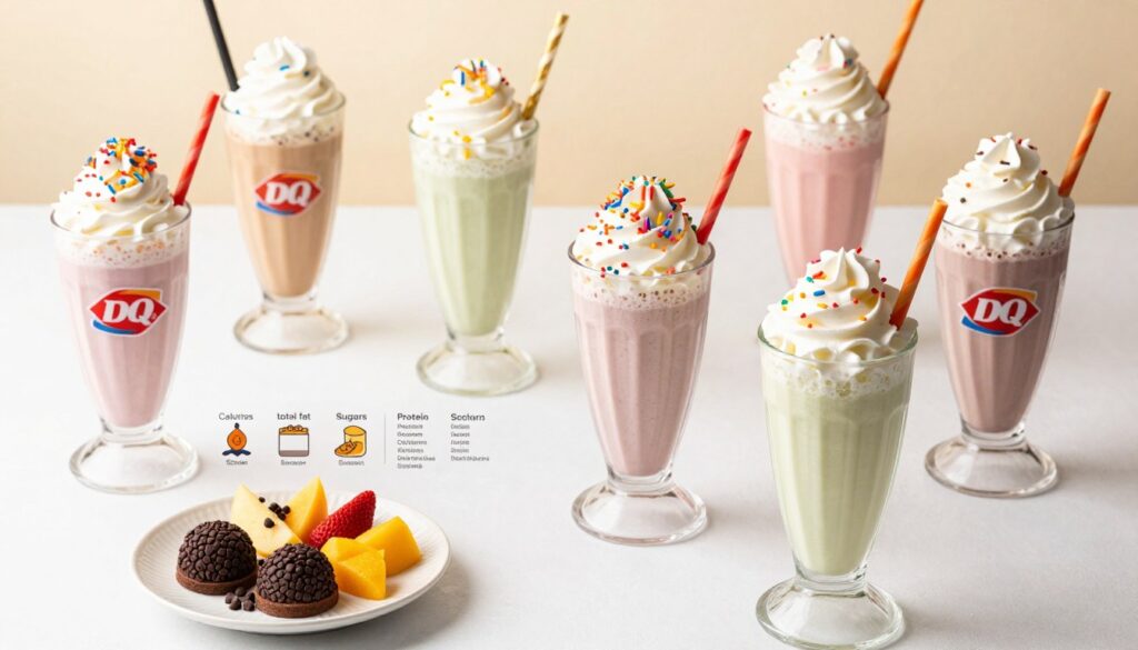 A beautifully arranged flat lay featuring a selection of different Dairy Queen milkshakes in vibrant, appealing colors against a clean, white background. Each milkshake is presented in a clear glass with whipped cream toppings and colorful sprinkles. In the foreground, a small, elegant plate holds a few tantalizing toppings like chocolate chips and fruits. The middle section includes a softly blurred table with nutrition facts related to the shakes, such as calories, total fat, sugars, protein, and sodium, represented through artistic icons like small labels or symbols. The background is softly lit with a warm, inviting glow, creating an atmosphere of indulgence and joy. The image is shot from a slightly elevated angle to capture all elements harmoniously. A beautifully arranged flat lay featuring a selection of different Dairy Queen milkshakes in vibrant, appealing colors against a clean, white background. Each milkshake is presented in a clear glass with whipped cream toppings and colorful sprinkles. In the foreground, a small, elegant plate holds a few tantalizing toppings like chocolate chips and fruits. The middle section includes a softly blurred table with nutrition facts related to the shakes, such as calories, total fat, sugars, protein, and sodium, represented through artistic icons like small labels or symbols. The background is softly lit with a warm, inviting glow, creating an atmosphere of indulgence and joy. The image is shot from a slightly elevated angle to capture all elements harmoniously.