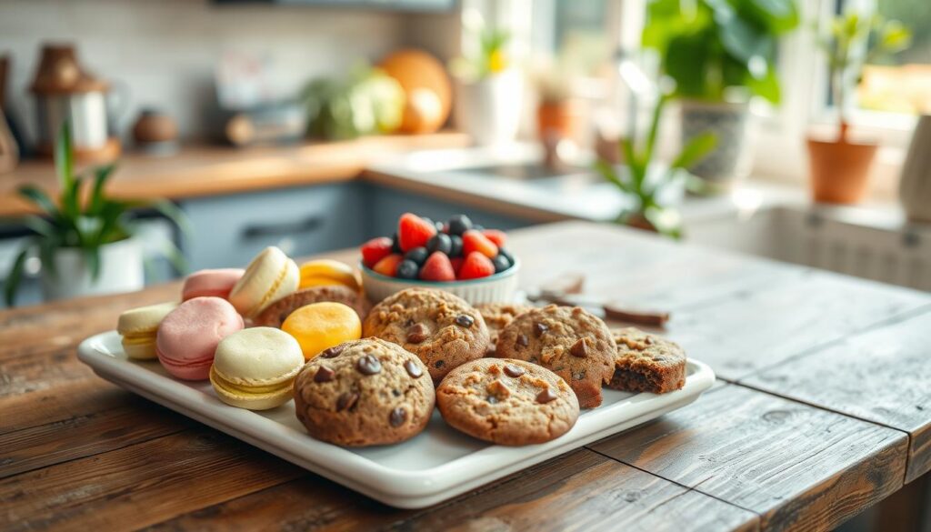 A beautifully arranged platter of gluten-free treats sits on a rustic wooden table. In the foreground, there are a variety of colorful cookies, including bright macaroons, chewy chocolate chip cookies, and nutty brownies, all artfully placed on a white ceramic dish. In the middle ground, a small bowl of fresh, seasonal berries adds a vibrant contrast, with a soft-focus background of a sunny kitchen filled with green plants. The lighting is warm and inviting, with natural sunlight streaming through a nearby window, creating a cozy atmosphere. The angle is slightly above the table, capturing the full array of treats, presenting an appealing and healthy snack option suitable for everyone. A beautifully arranged platter of gluten-free treats sits on a rustic wooden table. In the foreground, there are a variety of colorful cookies, including bright macaroons, chewy chocolate chip cookies, and nutty brownies, all artfully placed on a white ceramic dish. In the middle ground, a small bowl of fresh, seasonal berries adds a vibrant contrast, with a soft-focus background of a sunny kitchen filled with green plants. The lighting is warm and inviting, with natural sunlight streaming through a nearby window, creating a cozy atmosphere. The angle is slightly above the table, capturing the full array of treats, presenting an appealing and healthy snack option suitable for everyone.