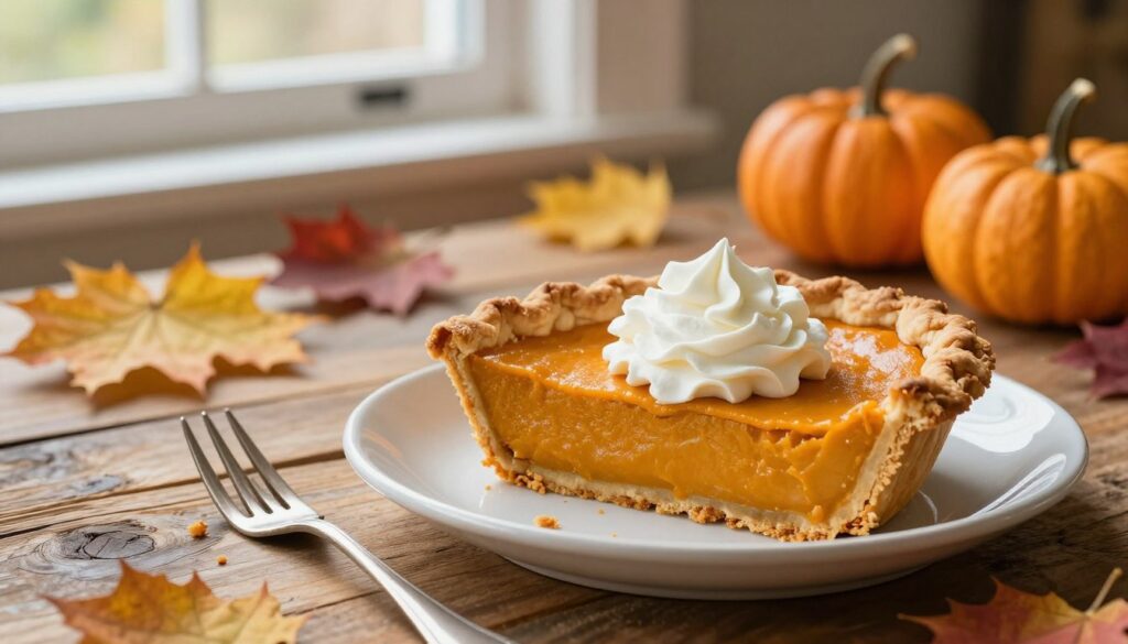 A beautifully arranged slice of pumpkin pie on a rustic wooden table, showcasing its rich, golden-brown crust and creamy orange filling, topped with a generous swirl of whipped cream. In the foreground, a delicate fork rests beside a pie plate, glistening with crumbs. The middle features the pie set against a backdrop of colorful autumn leaves and miniature pumpkins, enhancing the seasonal feel. The background is softly blurred, creating a cozy kitchen ambiance with warm, natural light streaming through a nearby window, casting gentle shadows and emphasizing the inviting atmosphere. This image evokes a sense of warmth and nostalgia, perfect for celebrating the flavors of fall.