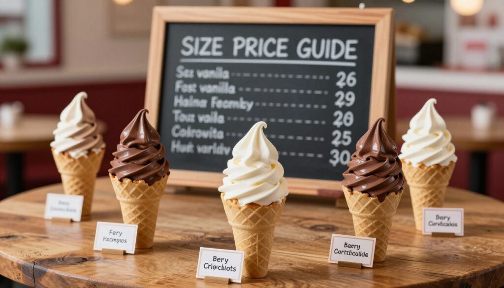A beautifully arranged soft serve price guide featuring various soft serve ice cream cones in diverse flavors like chocolate, vanilla, and swirl, displayed on a rustic wooden table. The foreground highlights three different sized cones, showcasing their rich textures and glossy finishes, with small price tags beside each cone. In the middle background, an elegant chalkboard lists the sizes and calorie counts in a neat, easy-to-read format without any text overlays. The background is blurred to emphasize the soft serve, with a cozy Dairy Queen restaurant ambiance, soft lighting that creates a warm and inviting atmosphere. The scene is shot from a slightly elevated angle to capture both the desserts and the chalkboard, evoking a sense of anticipation and mouthwatering delight.