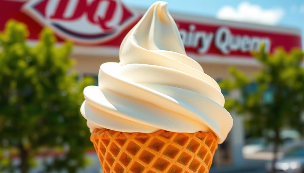 A beautifully detailed close-up of a creamy vanilla soft serve ice cream cone, showcasing the perfectly swirled peak. The foreground highlights the texture of the ice cream, glistening under soft, natural sunlight which enhances its inviting appearance. In the middle, the cone is made of a classic waffle texture, adding a warm brown contrast to the white swirls above. The background features a blurred outdoor scene of a Dairy Queen restaurant, with green trees and a clear blue sky, suggesting a cheerful summer day. The overall mood is nostalgic and inviting, evoking feelings of joy and refreshment, ideal for an article about milkshakes. The image should be captured with a shallow depth of field, using a 50mm lens to focus on the ice cream, ensuring a crisp and appetizing appearance.