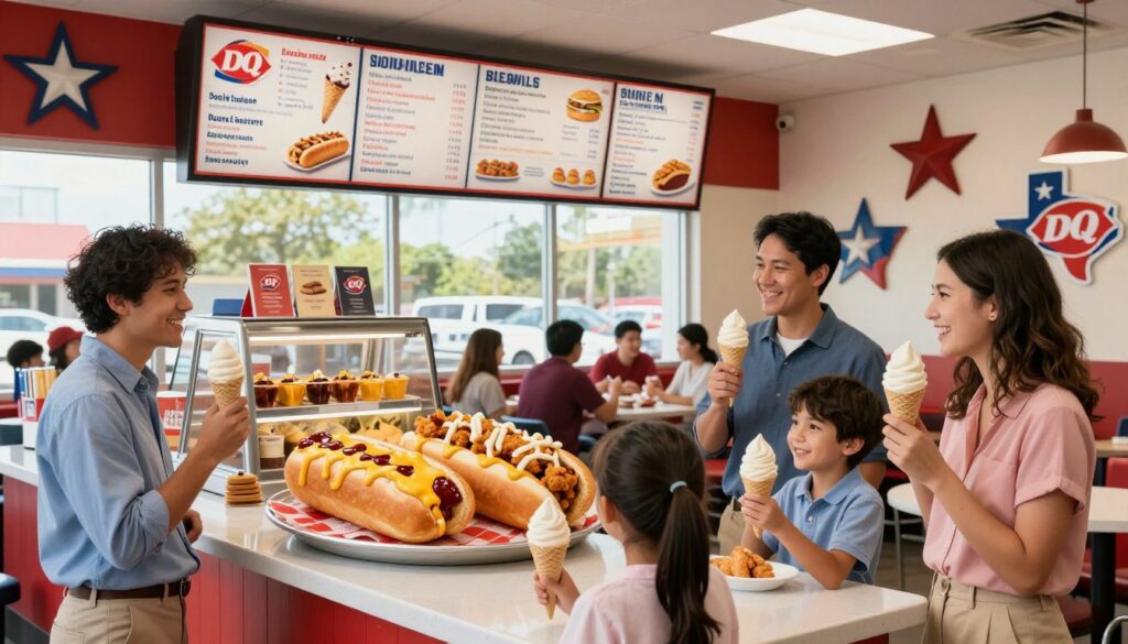 A bustling Dairy Queen in Texas, showcasing a clean and organized menu board highlighting local specialties. In the foreground, a smiling family—parents in professional casual attire and two children—happily enjoying their ice cream cones. In the middle ground, a vivid display of signature Texas menu items such as the Chili Cheese Dog and the Chicken Strip Basket, artistically arranged on a large tray. The background features a bright, welcoming interior with vibrant colors and a Texas-themed decor, adorned with iconic stars and rustic elements. Soft daylight filters through large windows, creating a warm, inviting atmosphere, with customers seated at neatly arranged tables. The overall mood is cheerful and family-friendly, capturing the essence of Dairy Queen's unique offerings in Texas.