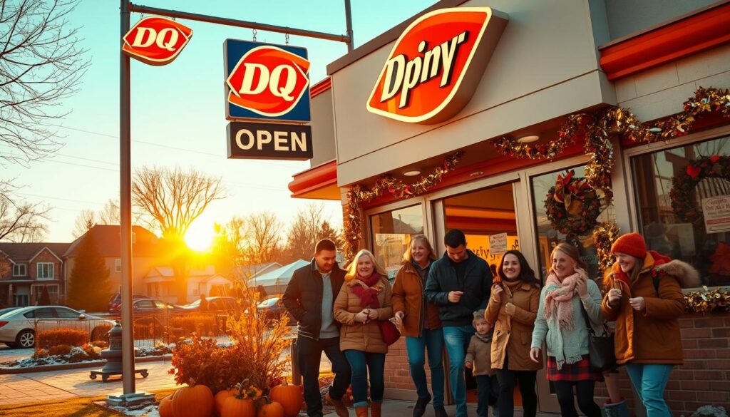 A bustling Dairy Queen location in a suburban area during Thanksgiving, with a warm golden light illuminating the scene as the sun sets. In the foreground, a welcoming sign indicating "Open" hangs from the entrance, surrounded by festive autumn decorations, like pumpkins and fall leaves. In the middle, diverse families of all ages, dressed in cozy, casual clothes, happily entering the establishment, some carrying holiday treats. The background showcases a neighborhood adorned with Thanksgiving decorations, with a hint of snow dusting the ground, creating a mixed Autumn-Winter atmosphere. The lens captures the vibrancy of the environment with a slight depth of field, fully immersing the viewer in a friendly and inviting mood.