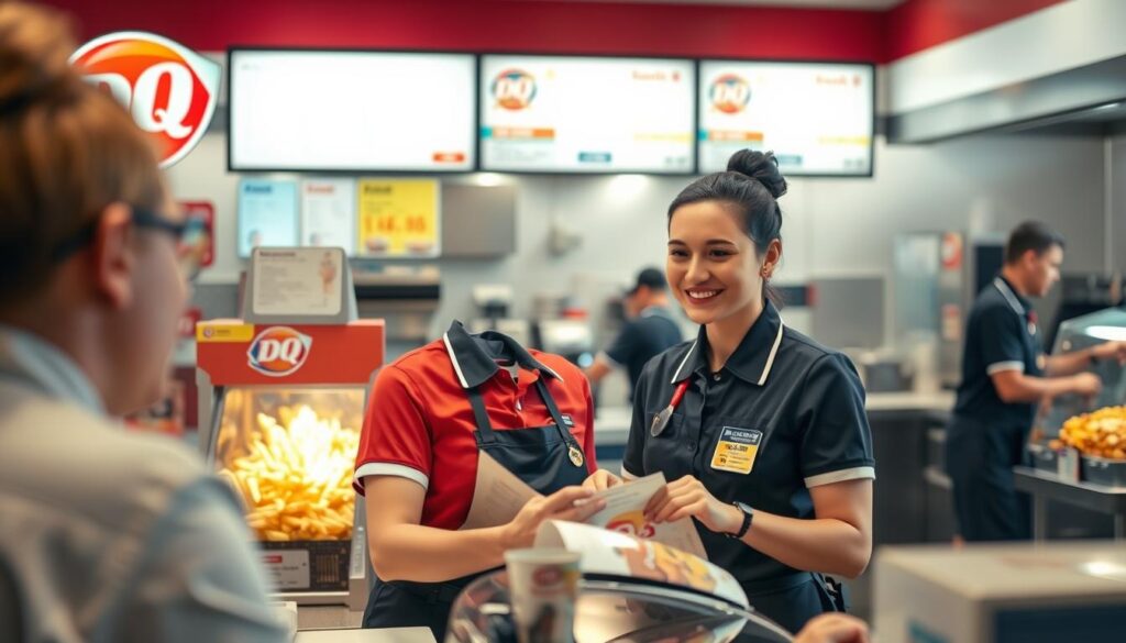 A busy fast-food counter inside a Dairy Queen, featuring a cheerful staff member wearing a professional uniform, focused on taking an order with a friendly smile. In the foreground, the staff member is engaged in conversation with a customer at the counter, who appears slightly concerned, scanning a menu. The middle ground shows vibrant, clear displays of fries and other menu items in well-lit conditions, capturing the freshness and appeal. The background reveals a busy kitchen with staff members preparing food in a clean and organized space, emphasizing food safety practices. Soft, bright lighting illuminates the scene, creating a welcoming atmosphere, while a slight depth of field blurs the distant kitchen, keeping the focus on the customer interaction. A busy fast-food counter inside a Dairy Queen, featuring a cheerful staff member wearing a professional uniform, focused on taking an order with a friendly smile. In the foreground, the staff member is engaged in conversation with a customer at the counter, who appears slightly concerned, scanning a menu. The middle ground shows vibrant, clear displays of fries and other menu items in well-lit conditions, capturing the freshness and appeal. The background reveals a busy kitchen with staff members preparing food in a clean and organized space, emphasizing food safety practices. Soft, bright lighting illuminates the scene, creating a welcoming atmosphere, while a slight depth of field blurs the distant kitchen, keeping the focus on the customer interaction.