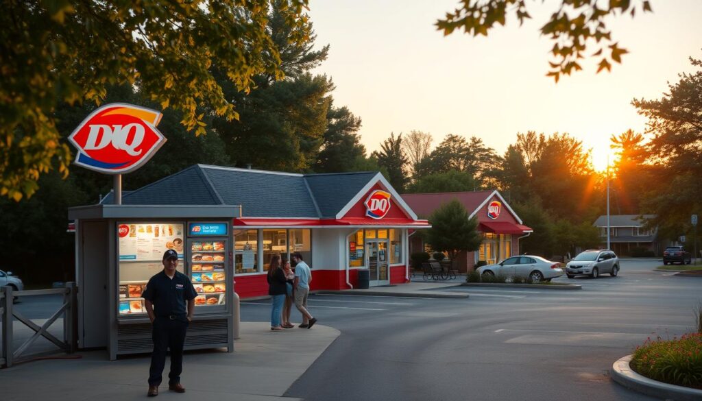 A charming Dairy Queen location in a suburban setting during the golden hour, with warm, inviting light filtering through the trees. In the foreground, a friendly employee in a navy blue Dairy Queen uniform stands next to a colorful menu board, eagerly serving a family. In the middle ground, the iconic red and white Dairy Queen building showcases its classic architecture, illuminated by soft lights. The background features a clean parking lot with a few cars parked, and lush greenery surrounding the area, conveying a friendly, community atmosphere. The scene captures a sense of anticipation and warmth, suggesting the perfect place to enjoy a delicious treat as the day winds down. A charming Dairy Queen location in a suburban setting during the golden hour, with warm, inviting light filtering through the trees. In the foreground, a friendly employee in a navy blue Dairy Queen uniform stands next to a colorful menu board, eagerly serving a family. In the middle ground, the iconic red and white Dairy Queen building showcases its classic architecture, illuminated by soft lights. The background features a clean parking lot with a few cars parked, and lush greenery surrounding the area, conveying a friendly, community atmosphere. The scene captures a sense of anticipation and warmth, suggesting the perfect place to enjoy a delicious treat as the day winds down.