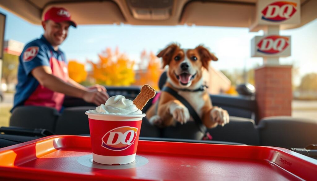 A cheerful scene showcasing a Dairy Queen drive-thru with a focus on a delicious pup cup order. In the foreground, a close-up of a small, frosty cup filled with soft serve ice cream, topped with a dog biscuit, sits on a bright red Dairy Queen tray. The middle ground features a friendly employee in a Dairy Queen uniform, handing the pup cup through the drive-thru window to a happy dog in the passenger seat of an open car, tail wagging excitedly. The background captures a sunny day with vibrant trees and the Dairy Queen logo prominently displayed. Soft, warm lighting enhances the joyous atmosphere, highlighting the fun of treating a pet at Dairy Queen. A wide-angle view emphasizes both the pup cup and the delightful interaction.