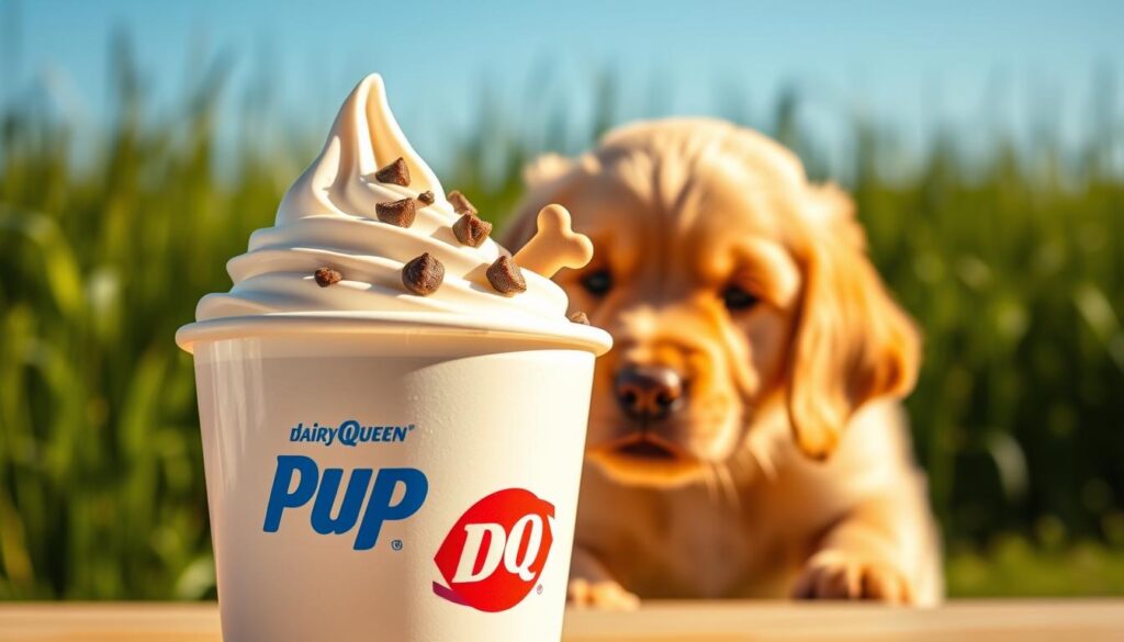 A close-up of a Dairy Queen Pup Cup, featuring creamy vanilla soft serve ice cream topped with a sprinkle of dog-friendly treats like carob chips and a small dog bone resting on the side. The cup is whimsical and branded with the iconic Dairy Queen logo. In the foreground, light reflects off the ice cream, enhancing its smooth texture. In the middle, a curious golden retriever puppy peeks playfully at the cup, its fur catching the warm daylight, evoking an inviting atmosphere. The background is softly blurred, hinting at a friendly outdoor setting with lush green grass and a sunny blue sky, creating a cheerful and warm mood. The lighting is bright and uplifting, capturing a delightful moment.