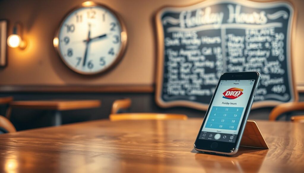 A close-up view of a classic wall clock displaying the time showing "hours," prominently featuring the hour hand pointing to specific times. The foreground showcases a polished wooden table with a smartphone displaying a Dairy Queen app on the screen, suggesting a quick way to check the restaurant's schedule. In the middle, blurred out but discernible, a cozy café ambiance with soft lighting lends warmth to the scene. The background presents a chalkboard menu with blurred options, evoking a friendly environment where customers can check holiday hours. The lighting is soft and inviting, creating a relaxed yet informative mood, with a slight bokeh effect on the background to keep the focus on the clock and smartphone.