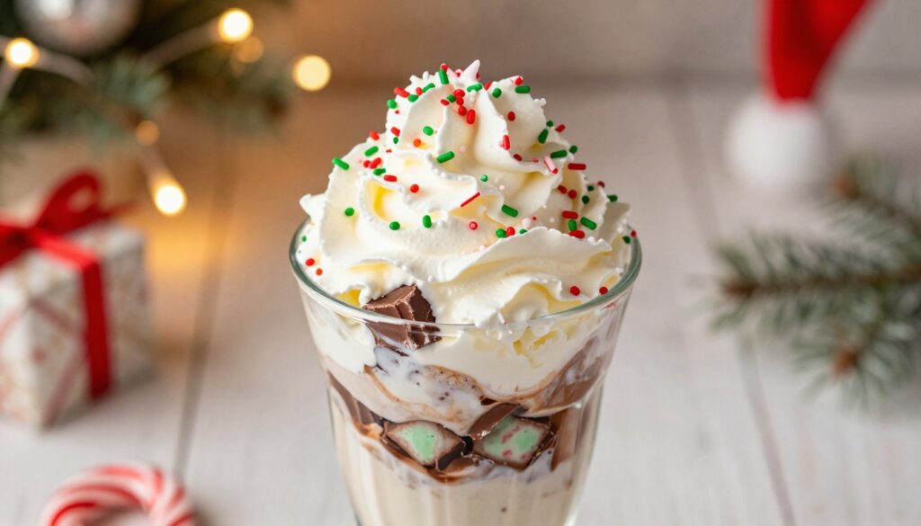 A close-up view of a decadent Peppermint Bark Blizzard in a tall, frosty glass cup, topped with a generous layer of whipped cream and vibrant red and green peppermint sprinkles. The blizzard should be swirling with chunks of chocolate and mint bark visible throughout, giving it a rich texture. In the background, gently blurred, a cozy holiday setting with soft, twinkling lights and a hint of a festive table adorned with Christmas decorations. The lighting is warm and inviting, casting a soft glow on the blizzard while highlighting its creamy colors. Angle the shot slightly from above to capture the delightful layers of the dessert, evoking a festive and joyful atmosphere perfect for the holiday season.