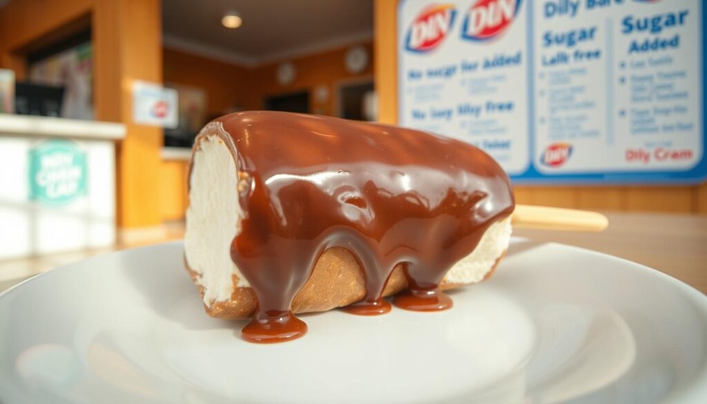 A close-up view of a delicious dilly bar, showcasing its chocolate coating and vanilla ice cream core, presented on a simple white plate. The bar is partially melted, with glossy chocolate droplets glistening under soft, diffused natural light, creating an inviting and delectable appearance. In the middle ground, a blurred Dairy Queen menu can be faintly seen, featuring text highlighting sugar-free and no sugar-added options, enhancing the context without overpowering the main subject. The background is a warm, cozy ice cream shop setting, with wooden counters and soft pastel colors, evoking a feeling of nostalgia and comfort. The overall mood is cheerful and enticing, with a slight focus on health-conscious choices. A close-up view of a delicious dilly bar, showcasing its chocolate coating and vanilla ice cream core, presented on a simple white plate. The bar is partially melted, with glossy chocolate droplets glistening under soft, diffused natural light, creating an inviting and delectable appearance. In the middle ground, a blurred Dairy Queen menu can be faintly seen, featuring text highlighting sugar-free and no sugar-added options, enhancing the context without overpowering the main subject. The background is a warm, cozy ice cream shop setting, with wooden counters and soft pastel colors, evoking a feeling of nostalgia and comfort. The overall mood is cheerful and enticing, with a slight focus on health-conscious choices.