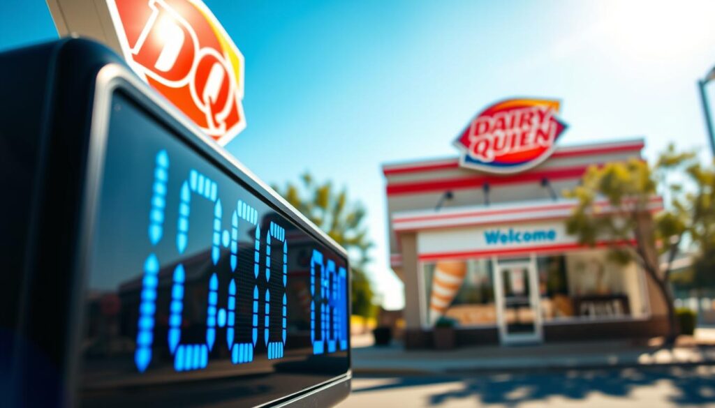 A close-up view of a digital clock displaying "10:00 AM" with a vibrant Dairy Queen storefront in the background under a bright blue sky. The foreground features the clock prominently, showcasing a clear, modern digital display with glowing blue numbers. In the middle, the Dairy Queen sign is vibrantly colored in classic red and yellow, drawing attention to the brand, while the shop's welcoming façade, complete with ice cream cones painted on the windows, is softly focused. The background includes a clear, sunlit street with a few trees, indicating a warm, inviting atmosphere. Soft, warm lighting enhances the scene, creating a cheerful and inviting mood, ideal for families and customers eager to learn more about Dairy Queen's opening time.