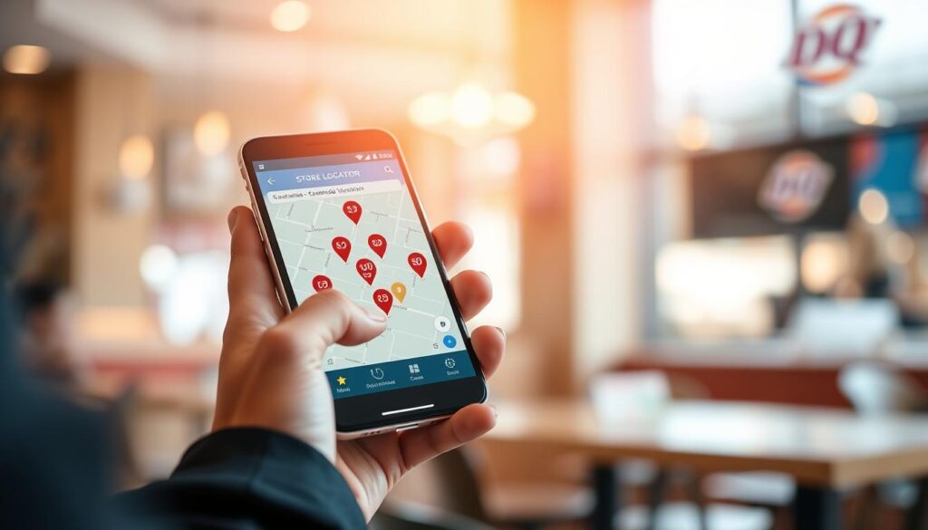A close-up view of a digital store locator interface displayed on a sleek smartphone held by a person in professional business attire. The smartphone screen features a map with prominent Dairy Queen locations marked with vibrant icons. In the background, a light and airy cafe setting with warm lighting creates a welcoming atmosphere. Soft bokeh effect blurs the background details, focusing attention on the smartphone, while natural daylight streaming through a nearby window enhances the inviting mood. The person’s hands are seen interacting with the screen, emphasizing engagement with the user-friendly app. The image conveys a sense of convenience and accessibility, ideal for finding local Dairy Queen stores. A close-up view of a digital store locator interface displayed on a sleek smartphone held by a person in professional business attire. The smartphone screen features a map with prominent Dairy Queen locations marked with vibrant icons. In the background, a light and airy cafe setting with warm lighting creates a welcoming atmosphere. Soft bokeh effect blurs the background details, focusing attention on the smartphone, while natural daylight streaming through a nearby window enhances the inviting mood. The person’s hands are seen interacting with the screen, emphasizing engagement with the user-friendly app. The image conveys a sense of convenience and accessibility, ideal for finding local Dairy Queen stores.