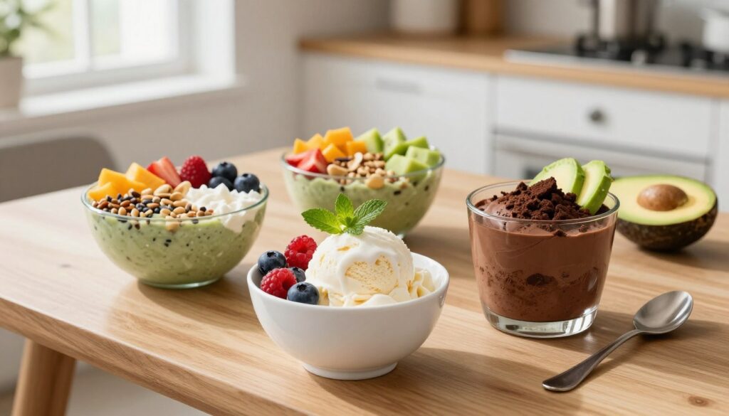 A colorful arrangement of delicious dairy-free desserts showcased on a clean, modern wooden table. In the foreground, a creamy-looking coconut milk ice cream scooped into an elegant bowl, topped with fresh berries and a sprig of mint. Beside it, a rich chocolate mousse made from avocado and dark cocoa, beautifully presented in a glass. In the middle ground, a selection of vibrant dairy-free smoothie bowls, filled with variations of fruits, nuts, and seeds. The background features a minimalist kitchen setting with soft, natural lighting streaming in from a window, giving a warm and inviting atmosphere. The camera angle is slightly above the table, focusing on the colorful aspects of the desserts, promoting a sense of health and indulgence without the use of dairy.