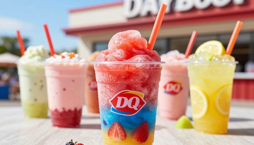 A colorful, refreshing misty slush drink filled with layers of vibrant flavors, such as bright strawberry red, cool blue raspberry, and zesty lemon yellow, is the main focus in the foreground. The slush is served in a classic transparent cup with a colorful straw, condensation beading on the outside to emphasize its coldness. In the middle ground, a selection of various Dairy Queen drink flavors is artfully arranged, showcasing complementary drink styles and a blurred background of a sunny outdoor Dairy Queen location, creating a cheerful, inviting atmosphere. Soft, natural lighting highlights the textures of the slush, and the angle captures the drinks from slightly above, enhancing their appeal and inviting the viewer to indulge in this refreshing treat. A colorful, refreshing misty slush drink filled with layers of vibrant flavors, such as bright strawberry red, cool blue raspberry, and zesty lemon yellow, is the main focus in the foreground. The slush is served in a classic transparent cup with a colorful straw, condensation beading on the outside to emphasize its coldness. In the middle ground, a selection of various Dairy Queen drink flavors is artfully arranged, showcasing complementary drink styles and a blurred background of a sunny outdoor Dairy Queen location, creating a cheerful, inviting atmosphere. Soft, natural lighting highlights the textures of the slush, and the angle captures the drinks from slightly above, enhancing their appeal and inviting the viewer to indulge in this refreshing treat.
