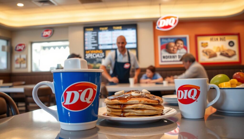 A cozy Dairy Queen restaurant during breakfast hours, showcasing a beautifully arranged breakfast table. In the foreground, a classic Dairy Queen logo cup filled with coffee, next to a plate of freshly made pancakes and a bowl of fruit. In the middle ground, a cheerful employee wearing a neat, branded uniform is serving a family at a table, creating a warm and inviting atmosphere. The background features a colorful menu display with morning specials, soft lighting that enhances the inviting ambiance, and large windows allowing natural light to flood in. The scene is shot with a slight top-down angle to capture the delicious food and the interaction between staff and customers, evoking a sense of community and comfort. A cozy Dairy Queen restaurant during breakfast hours, showcasing a beautifully arranged breakfast table. In the foreground, a classic Dairy Queen logo cup filled with coffee, next to a plate of freshly made pancakes and a bowl of fruit. In the middle ground, a cheerful employee wearing a neat, branded uniform is serving a family at a table, creating a warm and inviting atmosphere. The background features a colorful menu display with morning specials, soft lighting that enhances the inviting ambiance, and large windows allowing natural light to flood in. The scene is shot with a slight top-down angle to capture the delicious food and the interaction between staff and customers, evoking a sense of community and comfort.