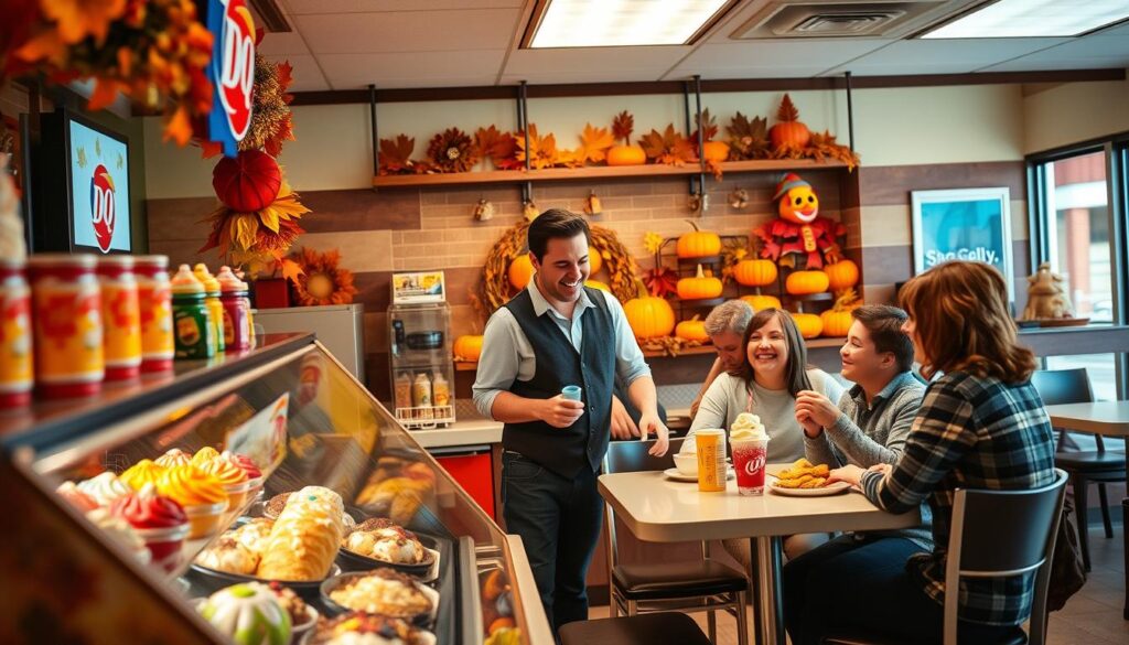 A cozy Dairy Queen restaurant interior during Thanksgiving, with festive autumn-themed decorations. In the foreground, a warm display of colorful seasonal treats and ice cream toppings, inviting customers. The middle ground features a friendly staff member in casual attire, serving a family seated at a table enjoying ice cream and a light meal, them smiling and laughter in the air. In the background, a cheerful Thanksgiving-themed display, including pumpkins and fall leaves, adds to the festive atmosphere. Soft, warm lighting enhances the welcoming mood, and the image captures an angle that highlights the interaction between the staff and guests, embodying the spirit of Thanksgiving at a Dairy Queen.
