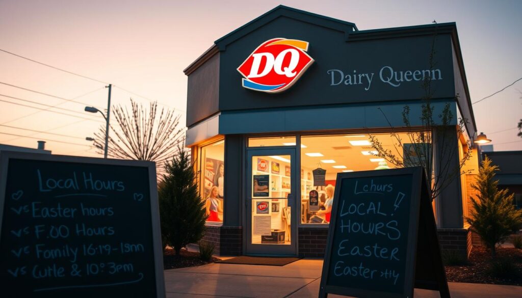 A cozy Dairy Queen storefront at twilight, illuminated by warm lights that create a welcoming atmosphere. In the foreground, a chalkboard sign displays local hours, artistically hand-painted, informing customers of Easter hours. The middle ground features the inviting entrance with large windows showcasing colorful ice cream treats and happy families enjoying their desserts. Surrounding the shop, a few cheerful trees and soft landscaping create a friendly neighborhood vibe. The sky is painted in soft pastel hues as the evening approaches, accentuating the warm glow from the store. The scene captures a serene yet lively mood, emphasizing the accessibility of the Dairy Queen, inviting customers to check hours for Easter. The image is framed with a slight upward angle to give a sense of openness and charm.