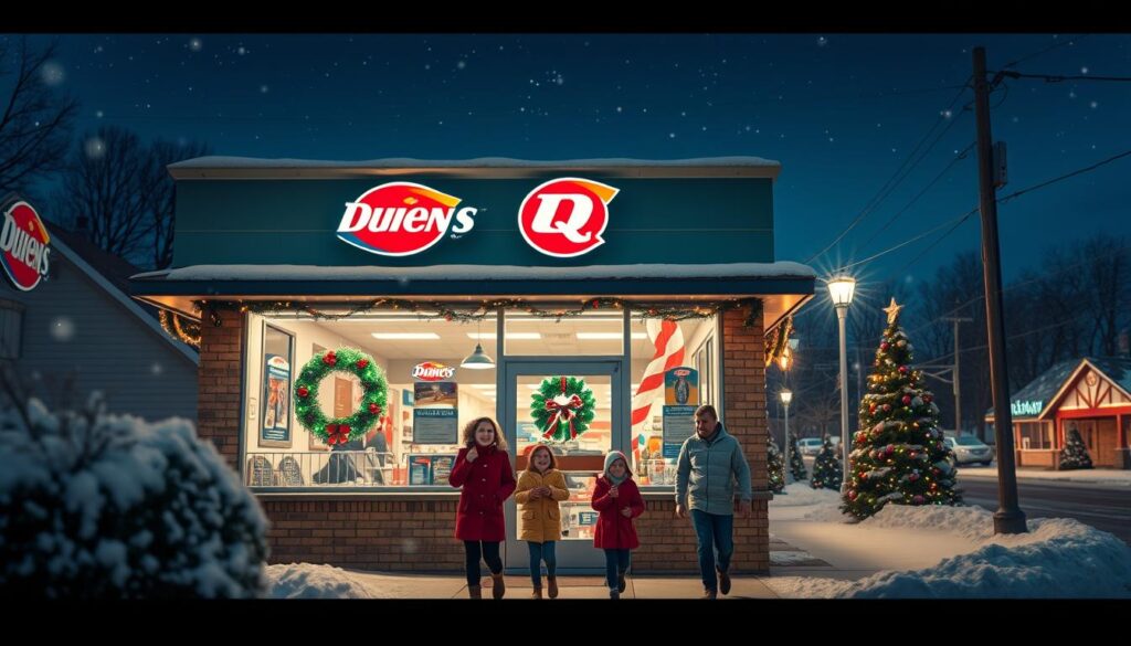 A cozy Dairy Queen storefront beautifully adorned for Christmas Eve, showcasing festive decorations like twinkling lights, a vibrant wreath on the door, and snow gently falling in the foreground. In the middle ground, there is a cheerful family dressed in warm winter attire, eagerly approaching the store with excitement. The background features a softly lit neighborhood scene under a starry night sky, adding to the holiday atmosphere. Capture the scene from a slightly elevated angle, allowing the warmth of the storefront’s glow to radiate against the coolness of the winter evening. The mood should evoke feelings of joy and togetherness, highlighting a welcoming and festive environment where families can enjoy seasonal treats. A cozy Dairy Queen storefront beautifully adorned for Christmas Eve, showcasing festive decorations like twinkling lights, a vibrant wreath on the door, and snow gently falling in the foreground. In the middle ground, there is a cheerful family dressed in warm winter attire, eagerly approaching the store with excitement. The background features a softly lit neighborhood scene under a starry night sky, adding to the holiday atmosphere. Capture the scene from a slightly elevated angle, allowing the warmth of the storefront’s glow to radiate against the coolness of the winter evening. The mood should evoke feelings of joy and togetherness, highlighting a welcoming and festive environment where families can enjoy seasonal treats.
