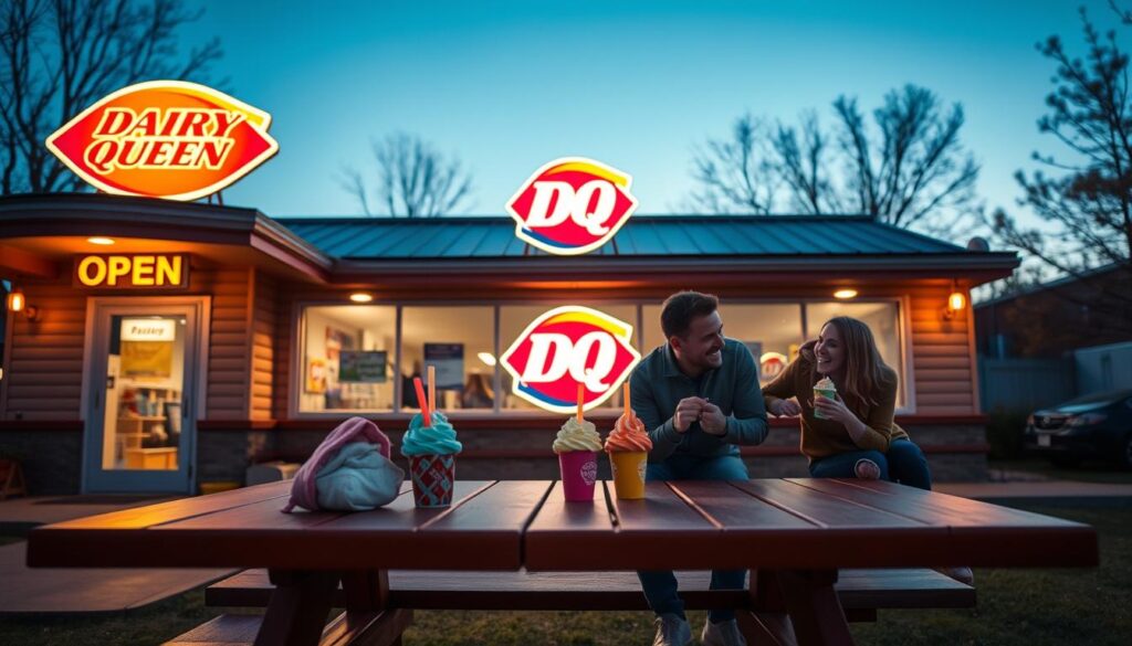 A cozy Dairy Queen storefront during early evening, showing illuminated signs that read "Open" with a charming warm glow, inviting customers in. In the foreground, a well-kept picnic table adorned with a couple of colorful ice cream treats and a family enjoying their dessert, dressed in casual but neat clothing, laughing together. The middle ground features the bright DQ logo, while the background includes a clear blue sky transitioning into twilight, subtly enhancing the cheerful atmosphere of a popular local hangout spot. Soft, natural lighting casts gentle shadows, creating an inviting ambiance, and the scene captures the excitement of a holiday outing.