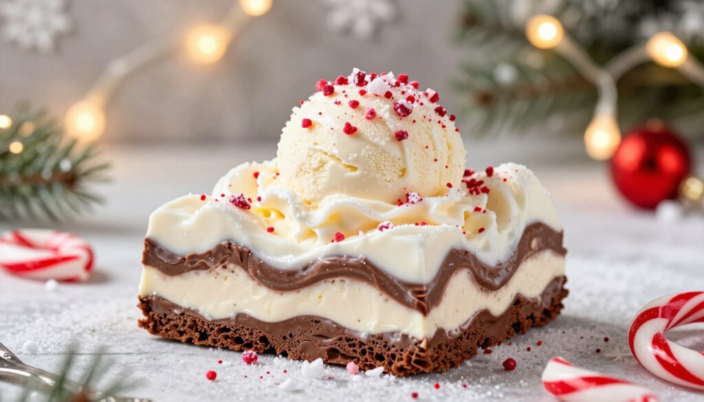 A delicious peppermint bark blizzard dessert sits prominently in the foreground, showcasing its rich, creamy texture swirled with white and chocolate ice cream. Shimmering crushed peppermint pieces are sprinkled generously on top, adding a festive touch. In the middle ground, a festive holiday-themed background features softly glowing string lights and a backdrop of snowflakes, enhancing the winter cozy atmosphere. The scene is warmly lit, casting a gentle glow on the dessert, captured at an angle that highlights its layers. The overall mood is inviting and cheerful, perfect for celebrating the holiday season. The image is free from any text overlays or additional distractions, focusing entirely on the delectable treat.