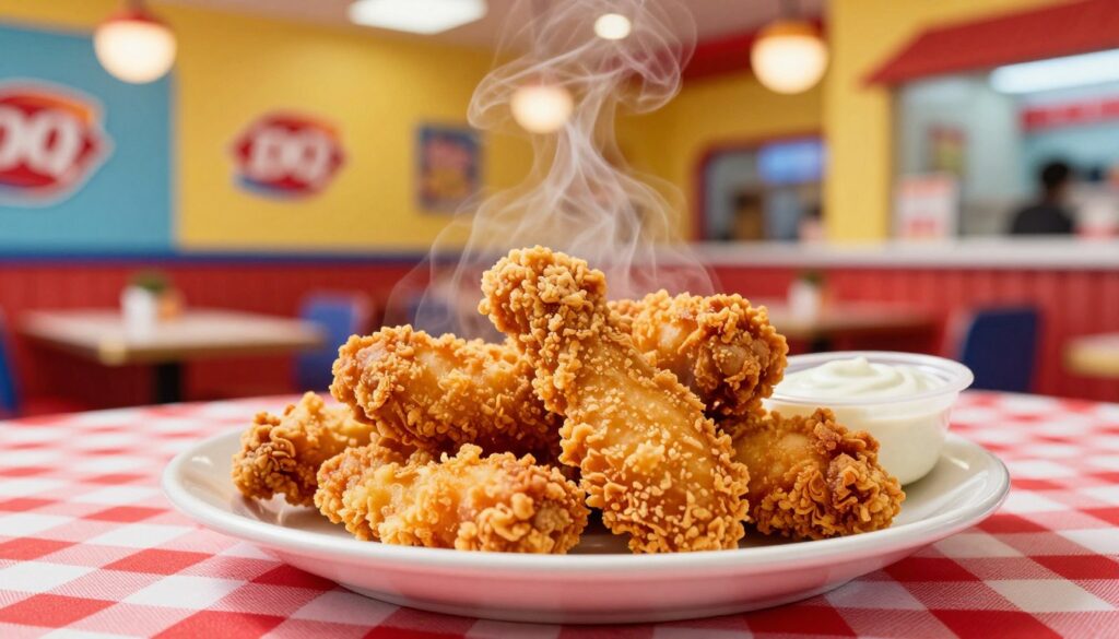 A delicious plate of crispy, golden chicken strips served on a red checkered tablecloth, capturing the essence of a fun kids' meal. The chicken strips are perfectly fried, with a light, flaky batter, and steam gently rising from them. In the background, a colorful, family-friendly Dairy Queen restaurant interior can be seen, with bright decorations and cheerful lighting, evoking a lively atmosphere. A small plate of ranch dipping sauce is positioned next to the chicken strips, enhancing the appetizing presentation. The focus should be sharp on the chicken strips in the foreground, while the background maintains a soft blur to create depth. The lighting is warm and inviting, highlighting the texture and color of the food. Overall, the image should convey a sense of joy and satisfaction associated with a delightful kids' meal.